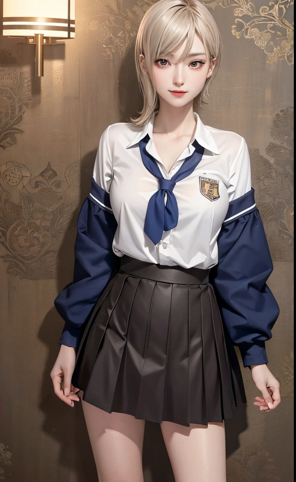 (Best Quality, 8K, masutepiece: 1.3), (Ultra Real), (Illustration), (High resolution), (8K), (Very detailed), (Best Illustration), (Beautiful detail eyes), (Best Quality), (ultra-detailliert), (masutepiece), (Wallpaper), (Detailed face), Grinning, Pure Sweet, extremely detailed face and skin, crass room, 1 girl, School jersey appearance, Pleated short skirt, Lift skirt, Saturated light, Edge lighting, Backlight, movie, Full body photo、