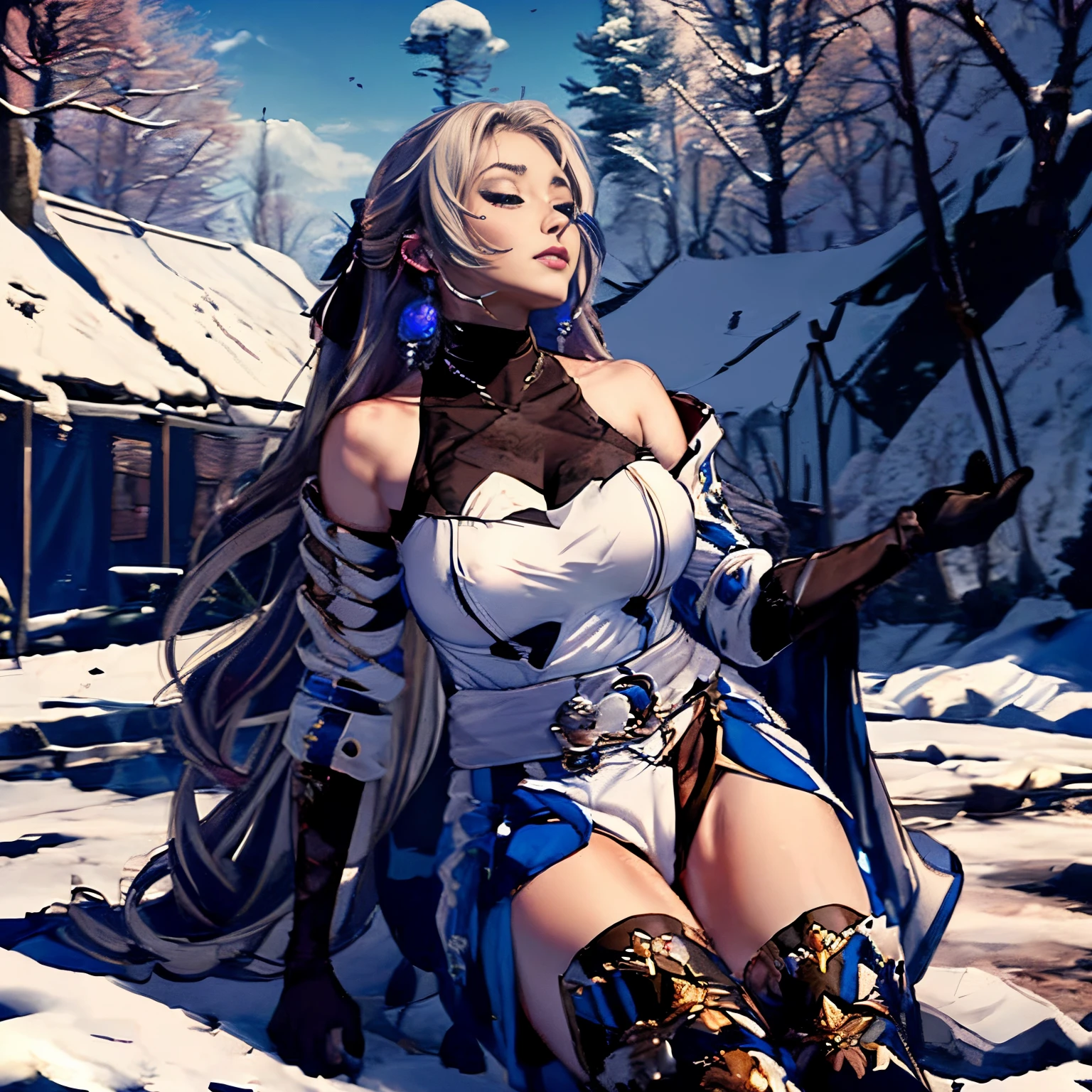a woman posing for a picture,(best quality,highres,masterpiece:1.2), thepit,(, cosplay ,bronya cosplay costume,), (travel lady), (beautiful detailed eyes, beautiful detailed lips, Insta bimbo,huge breasts, gigantic breasts, blonde hair, medium hair, blue eyes, extremely detailed eyes and face,longeyelashes), sleeping in hammock, (oversized sweater, brown boots, cleavage, oss-sy,), (woods, trees, snow,mounts), (picnic), tents,(adventure)