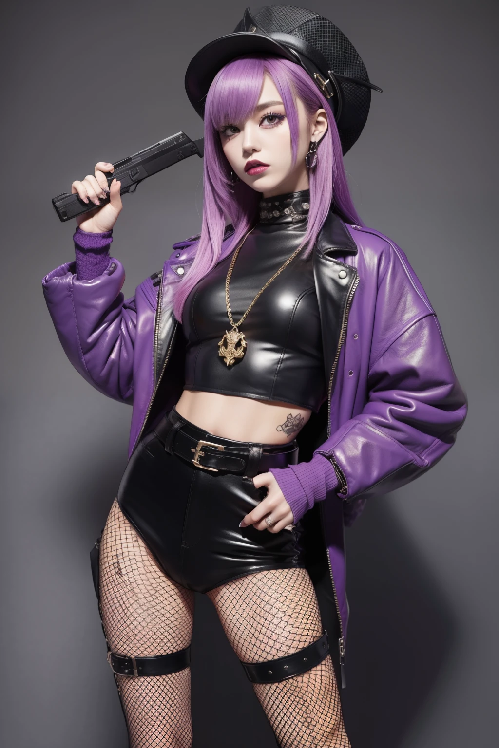 punk female idol、full body Esbian、Purple leather gunslinger fashion、fishnet tights、Mesh hair、leather gunslinger hat