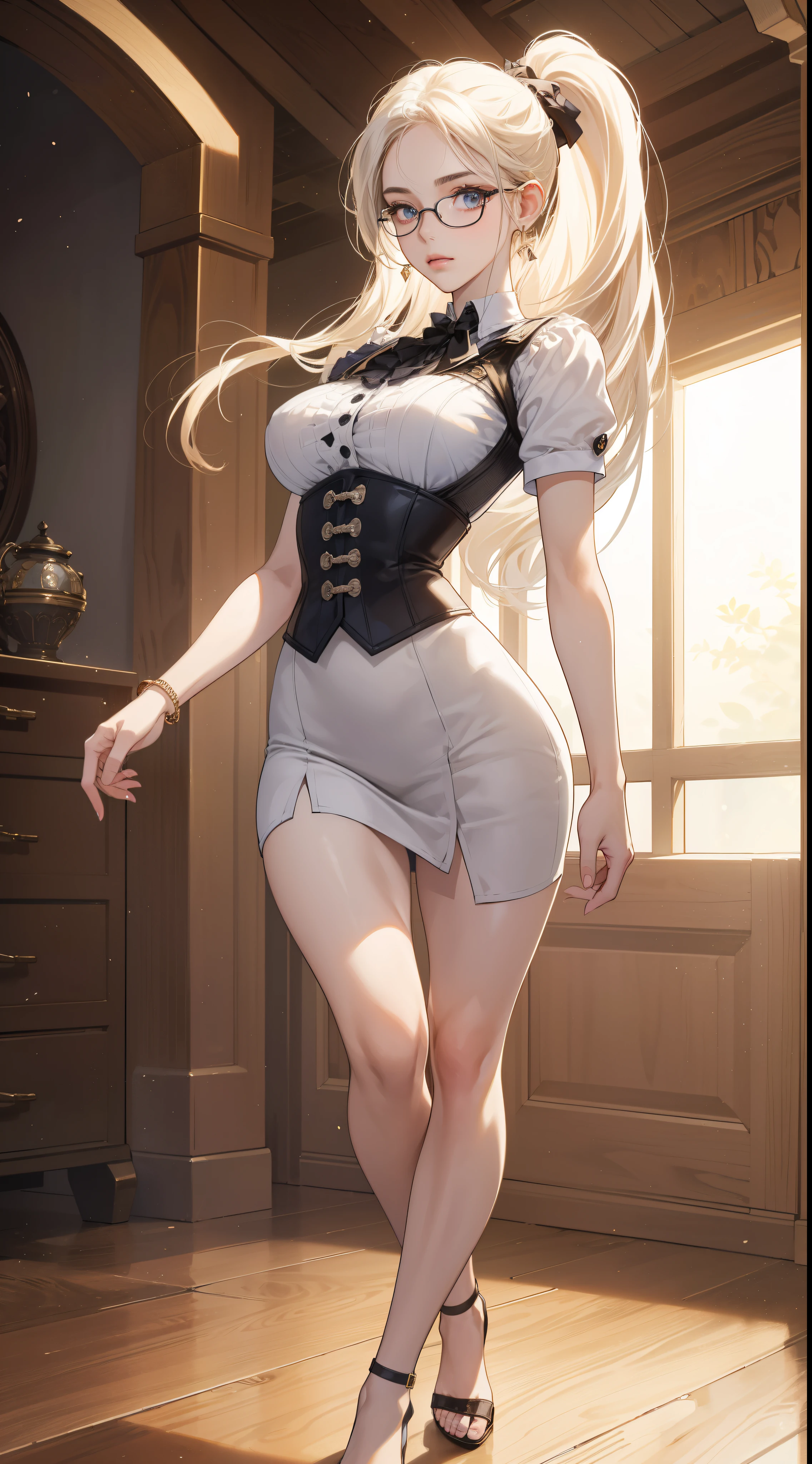 (Masterpiece), Detail, Delicacy, Portrait, Marquise in dainty pose, Solo, One beautiful girl, Diverse lighting, Beautiful girl, Large breasts, Small buttocks, Slim waist, (Feminine fashion: blouse of soft material or skirt with flared silhouette), Dainty behavior, Graceful, Chaste Behavior, Cowboy shot