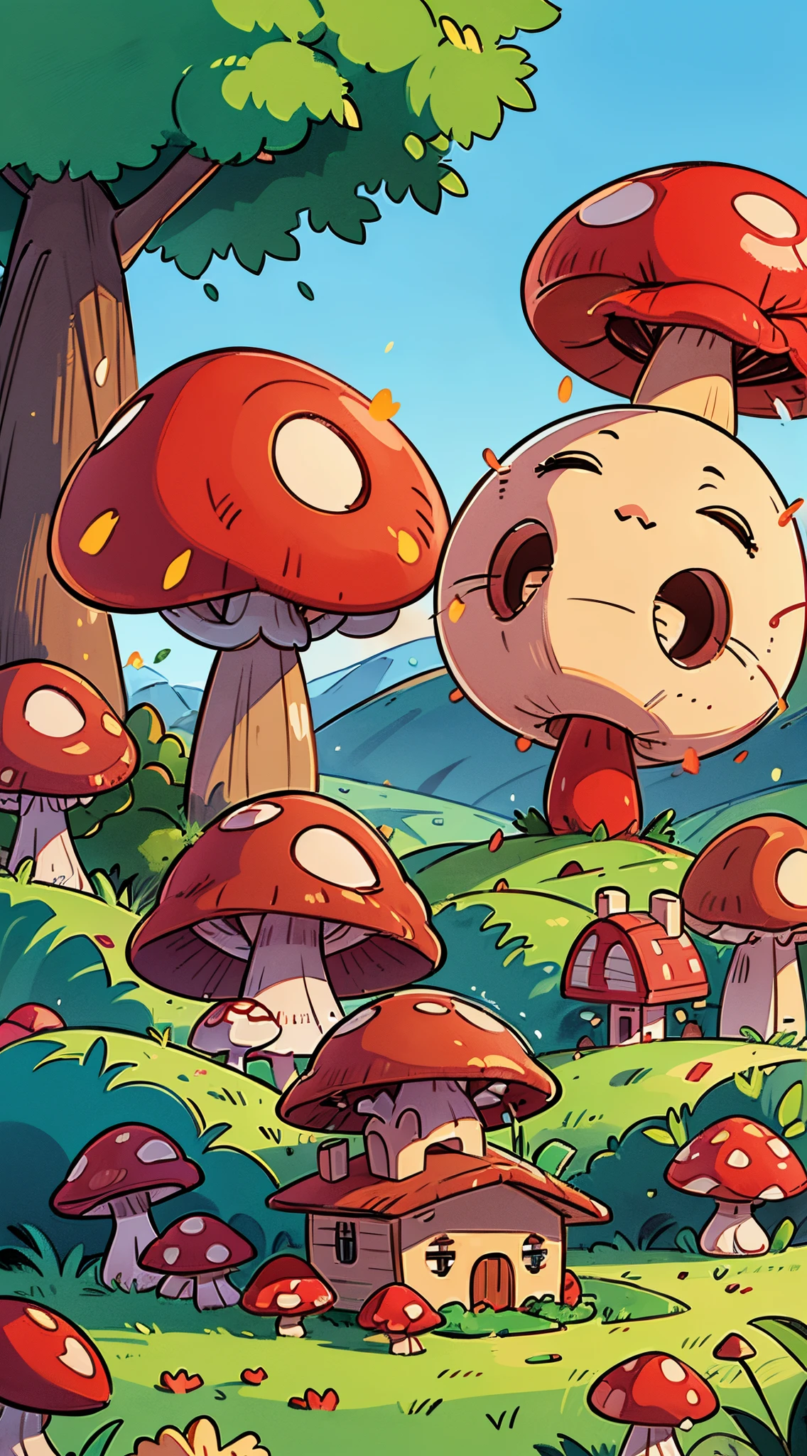 best quality,ultra-detailed,realistic,masterpiece:1.2,HD,professional, Red mushroom, ((Red home mushroom villages)), red mushroom villages : 1.0 , fireworks on the background : 1.2, whimsical,enchanted, colourful,storybook villages,((Day light)), white solid background, png object, cute illustration, excited girl, landscape