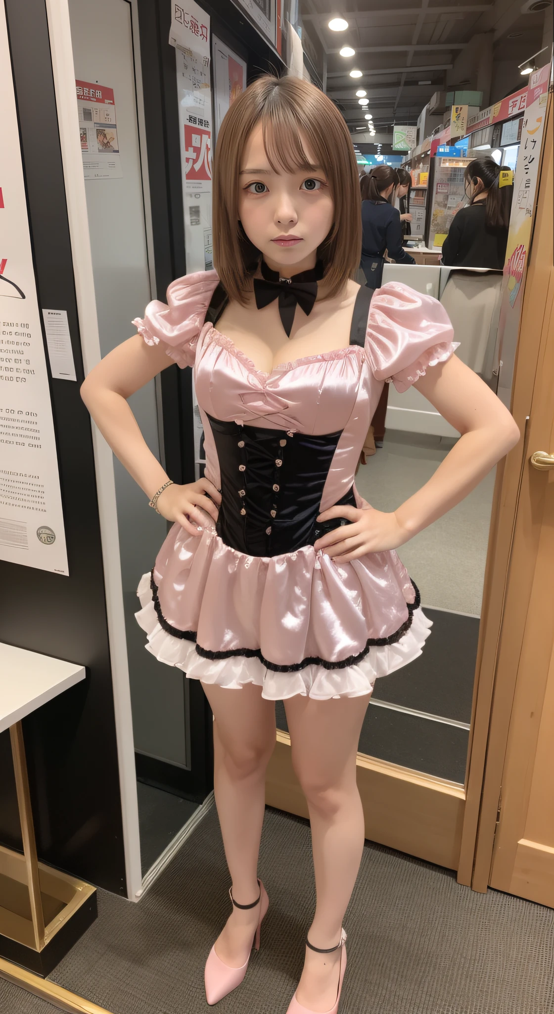 of the highest quality, Slender body Idol, front facing, Well-proportioned body, exhibition, Event Hall, Moe Pose, no sleeve pink satin Lolita style Dress Machine Armor, Standing with legs open, Model body type