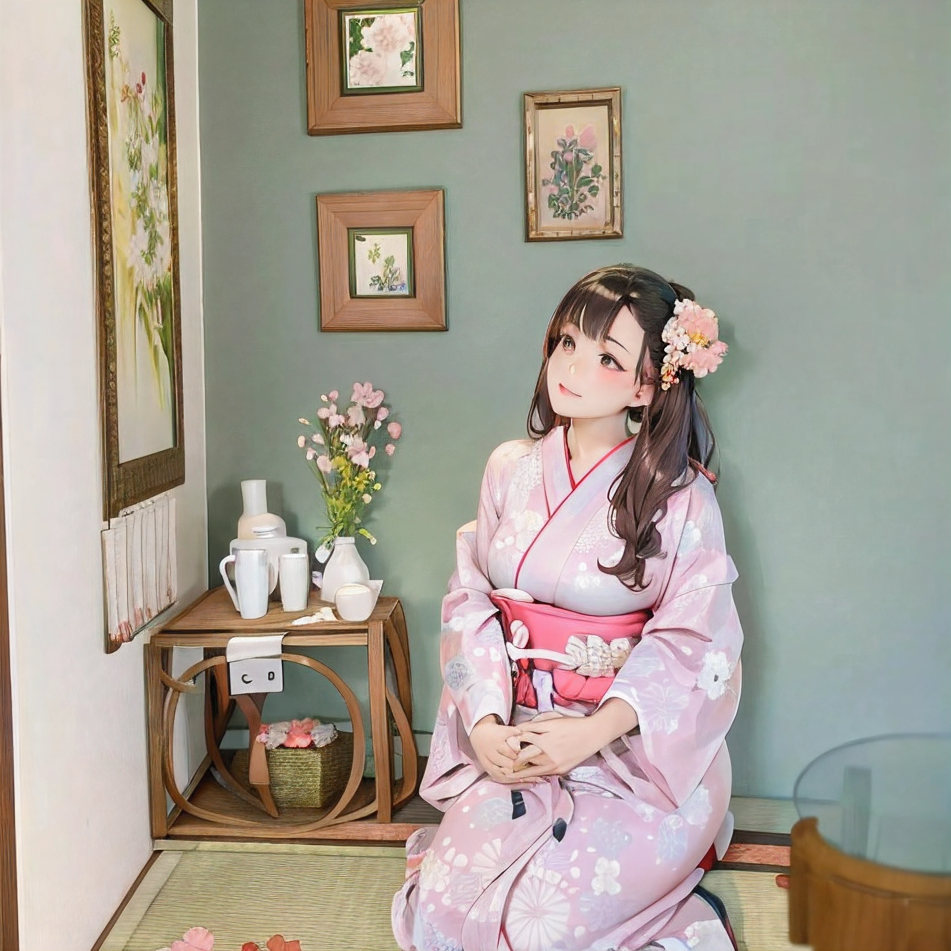 There was a woman sitting on a mat in the room., In kimono, Wearing a kimono, Japanese clothes, Yukata clothing, Classy yukata clothing, Japanese Style (Japanese Style), Japanese Kimono, Wearing a kimono, Japanese Style (Japanese Style), Traditional Japanese, Flowing cherry blossom silk, kimono, In kimono, wearing pink floral chiton, Wearing a pink floral dress., Wearing Haori