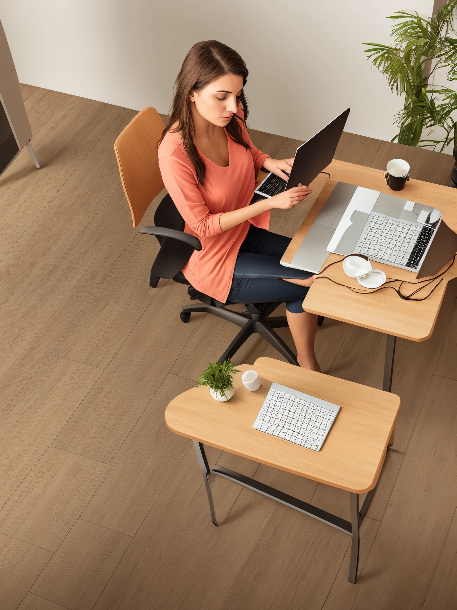 Woman Sitting On Chair，A laptop on your lap, work with concentration