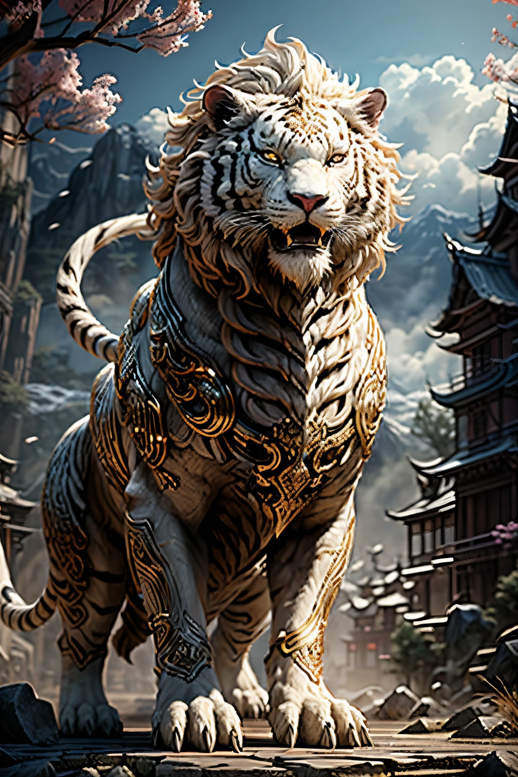 Best quality，tmasterpiece，超高分辨率，1（long：1.2），（finely：1.2），the white tiger，Chinese totem white tiger，chineseidol，Ancient divine beasts，（The texture is very real：1.2），（glowing white tiger：1.2），（Real details：1.2），（[the street|Lateral face]：1.1），HighDynamicRange，