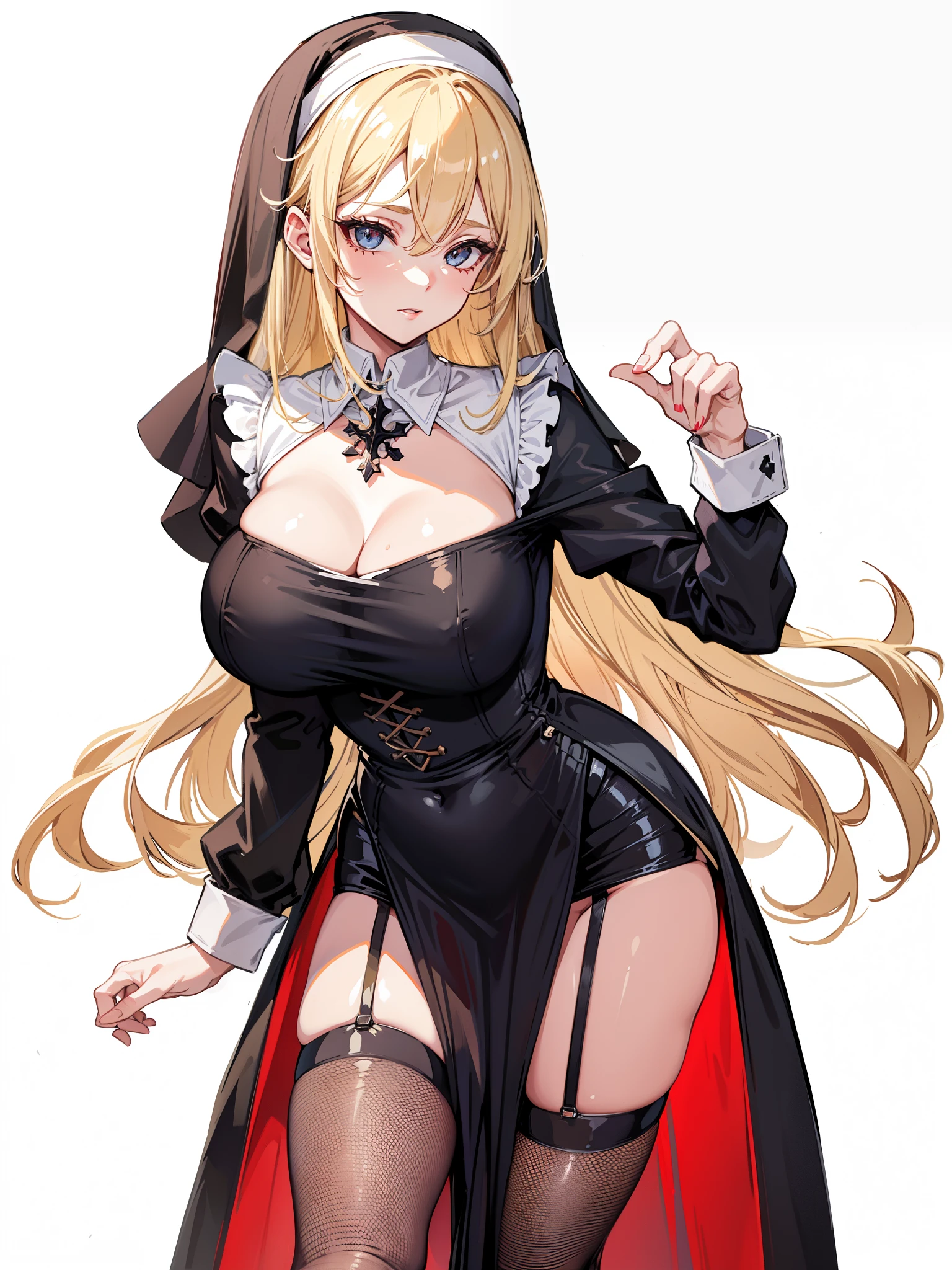 1girl,milf,blonde hair hair,black fishnet stockings,nun, large breasts,mature sexy face
