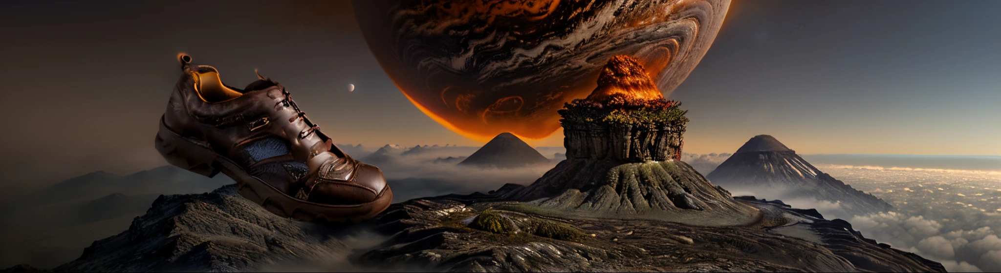 (a huge brown shoe),(Best quality),(tmasterpiece),ultra - detailed,On top of a mountain on an alien planet,thin fog,You can see huge planets,volcanoes