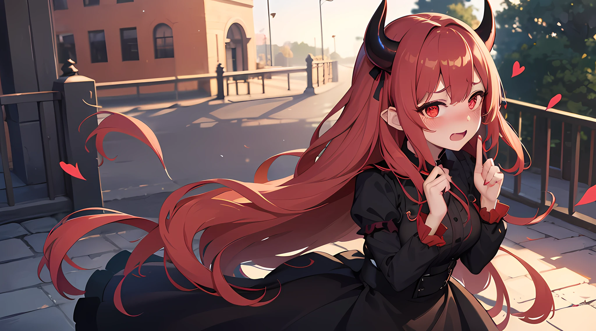 (1 demon girl), front lighting, demon horns, beautiful princess dress, detailed face, walking in the middle of park on daytime, red hair, black hairpins, (blushing: 1.5), open mouth, licking finger, heart eyes, (half body:0.6), front lighting, 8k, masterpiece, ultra HD,