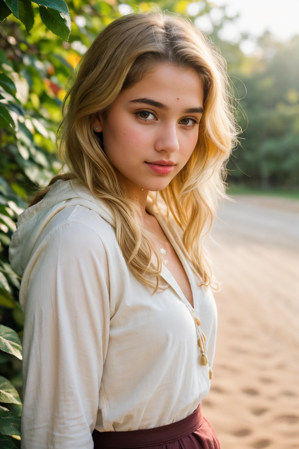 (a full photograph of a beautiful 15-year-old girl on a 19th century street in a western dress), (Serious:0.5), (Highly detailed face:1.4), ass pov, Nikon D850, film stock photograph, 4 Kodak Portra 400, camera f1.6 lens, saturated colors, hyper realistic, lifelike texture, dramatic lighting, Cinestill 800, 20th-century Victorian style, Evening natural light, Vintage lighting, Medium curly hair, ((best quality)), ((masterpiece)), (detailed), perfect face , (masterpiece, low angle wide-shot, high quality), (full-body portrait:1.1), solo, hanging in a beautiful beach with sunset, happy pose a stylish girl, hand is in hair pose, blonde hair, brown eyes, red lipstick, red eye shadow, blush, ( blonde hair:1.3), (indian_american, 18 years old:1.3), sexy, pure innocence, (light smile:0.5), whore vibe, in love, baggy jungle red cargo pants with white hoodie, cleavage, huge chest, huge behind, detailed natural skin texture, seductive gaze, detailed lighting, (white Red:1.1) , shallow depth of field, romantic setting, dreamy pastel palette, whimsical details, captured on film, (intricate details:0.5), Her skin is a flawless deep honey, exuding a natural glow, photorealisticwoman, flower dress, colorful, darl background, Romance_Fantasy theme, exposure blend, full shot, bokeh, (hdr:1.4), high contrast, (muted colors, vibrant colors, soothing tones:1.3), low saturation
