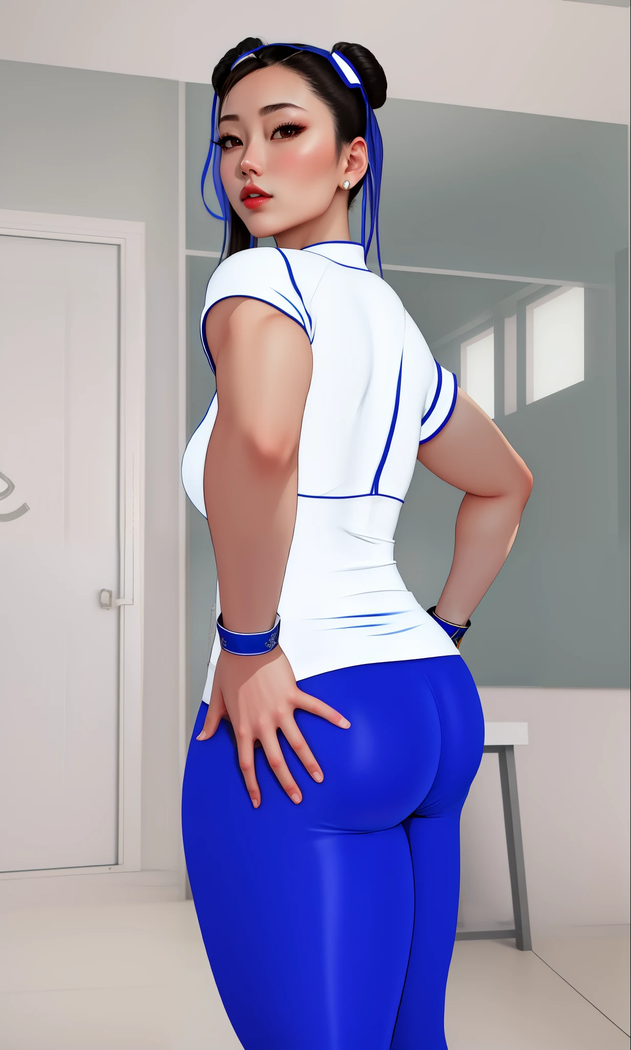 deadass_dutchess Chun-Li white shirt stays at hipline inbeteween the hipdips butt from behind black compression shirt with royal blue polymer latex leggings and navy blue gym shoes, haute couture, highly detailed, ornate, vogue, smooth, sharp focus, cohesive, 8K HD standing t-pose skintight polymer clothes visible silhouette of body tightness of clothes clinging to body very tight with wrinkles and creases and pantylines