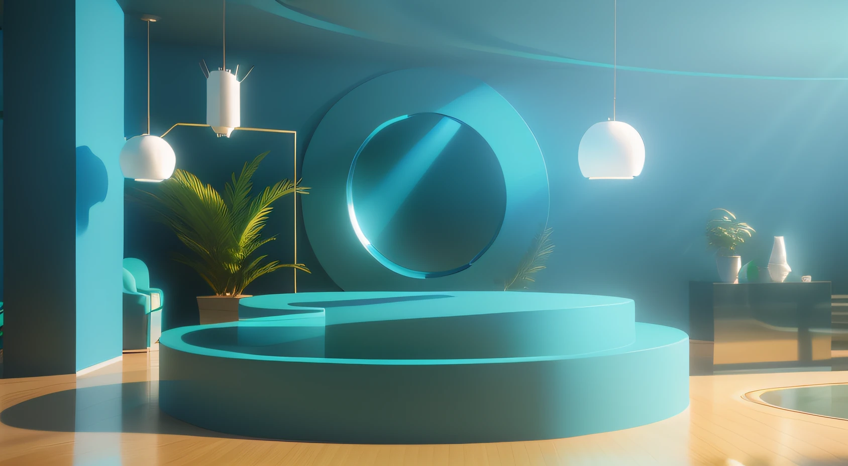 There is a green circular room,There are plants and mirrors inside, Blue realistic 3D rendering, Depicted as a 3D rendering, 3D rendering style, arnold rendering, stylized as a 3d render, 4D cinema rendering, rendered in cinema4d, rendered in 3 dsmax, Cyan studio background, Solid background color, Stage background