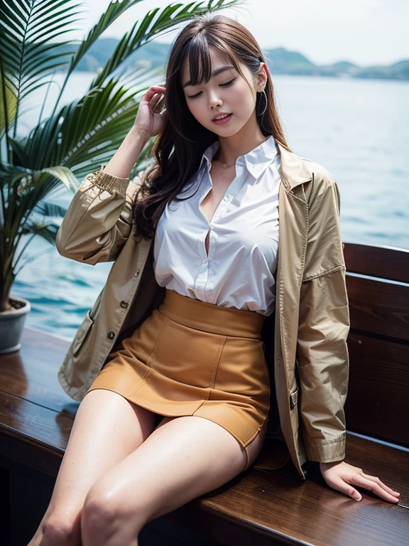 ((top-quality、in 8K、​masterpiece:1.3、Raw photo))、Super high quality photos, ((Aerial Photography)), On a small boat sailing through a tropical jungle, ((Wearing a business suit with jacket and skirt)), ((Beautiful Japanese woman sitting on a boat)),((Wear a white blouse shirt under the jacket)), ((Perfect beauty 20 year old idol Japan woman)), ((a smile)), ((Eyes closed)), ((sticking out the tongue)), ((protruding nipples under the shirt,,)), ((slim figure)), ((Slim legs)), ((slim thigh)), (Photorealistic: 1.4), (Ultra-high detail), (hyper realisitic: 1.4), (Realistic: 1.3), (Smooth lighting: 1.05), Full body, 1girl in, Solo, (Japanese actressl),　20yr old, cinematlic lighting, ((Leaner figure)), Good anatomy, Correct anatomy, On a small boat sailing through a tropical jungle, ((Perfect beauty 20 year old idol Japan woman)), ((Slim legs)), ((slim thigh)), ,((Perfect beauty)), ((He has a small camping bag in one hand.)), ((Panties are visible through the skirt)), ((a smile)), ((Eyes closed)), ((camel's toe)), ((Wearing a business suit with jacket and skirt)), ((Hands on the crotch)). ((Aerial Photography)), ((sticking out the tongue)), ((Wearing a skirt)), ((camel's toe)),