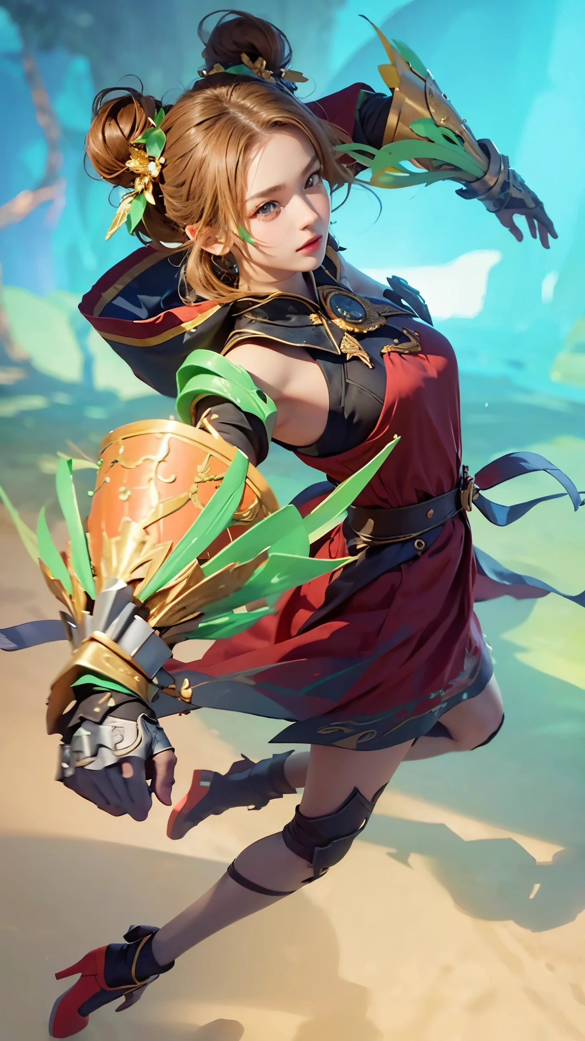 best quality, masterpiece, highres, 1girl,dress,hair ornament, twin bun, ( hand armor) ,Beautiful face,upon_body, tyndall effect,photorealistic, dark studio, rim lighting, two tone lighting,(high detailed skin:1.2), 8k uhd, dslr, soft lighting,Photograph, high resolution, 4k, 8k, Bokeh,looking at viewer