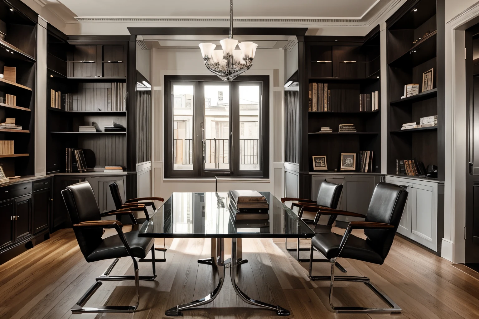 The morden bedoom design furniture, including armchairs upholstered in black and gray leather, tempered glass coffee tables with chrome bases, a solid wood meeting table with black leather chairs, and a built-in bookcase with brown leather bound legal books.