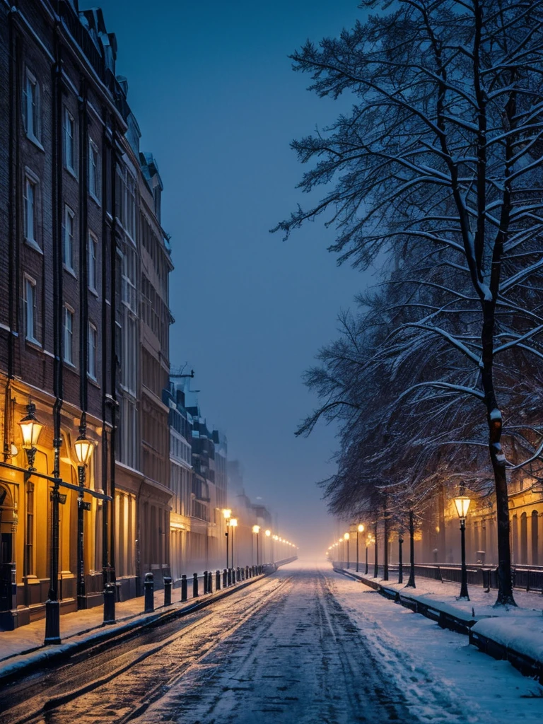 winter night in London with no inhabitants, oil painting, snowy streets, majestic architecture, dim streetlights, empty benches, peaceful atmosphere, cozy and warm cafes, blurred reflections on wet pavement, vintage lampposts, misty breath in the cold air, pristine white snow, soft moonlight, frosty tree branches, deserted alleys, stillness and tranquility, historical landmarks, distant sound of cars passing by, mysterious shadows, a hint of fog, ethereal beauty