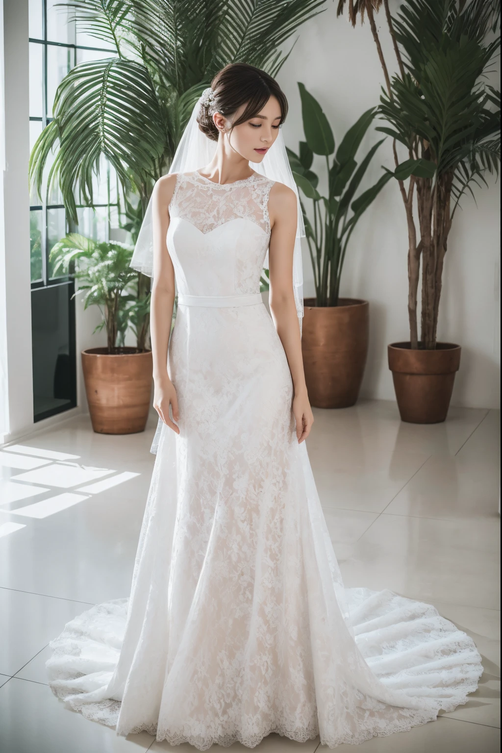 Best quality, 8k, 32k, Masterpiece, Masterpiece, (Photorealistic: 1.4), RAW photo, ultra realistic, 1girl, full body, wearing a white Layered wedding dress, floor-length style, lace fabric, Take product photos in white room with indoor decorative palm tree, stand upright and look straight