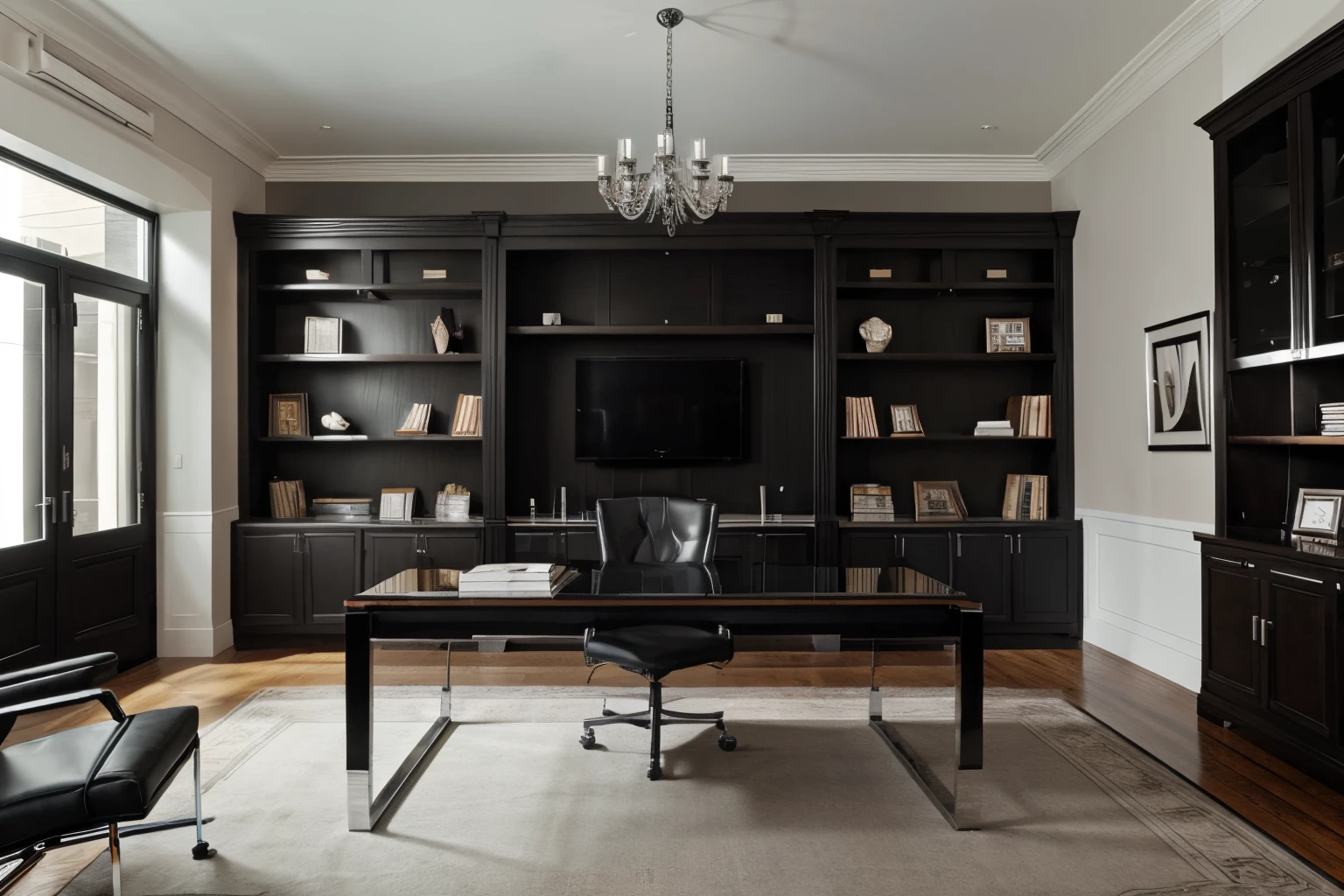 The morden bedoom design furniture, including armchairs upholstered in black and gray leather, tempered glass coffee tables with chrome bases, a solid wood meeting table with black leather chairs, and a built-in bookcase with brown leather bound legal books.