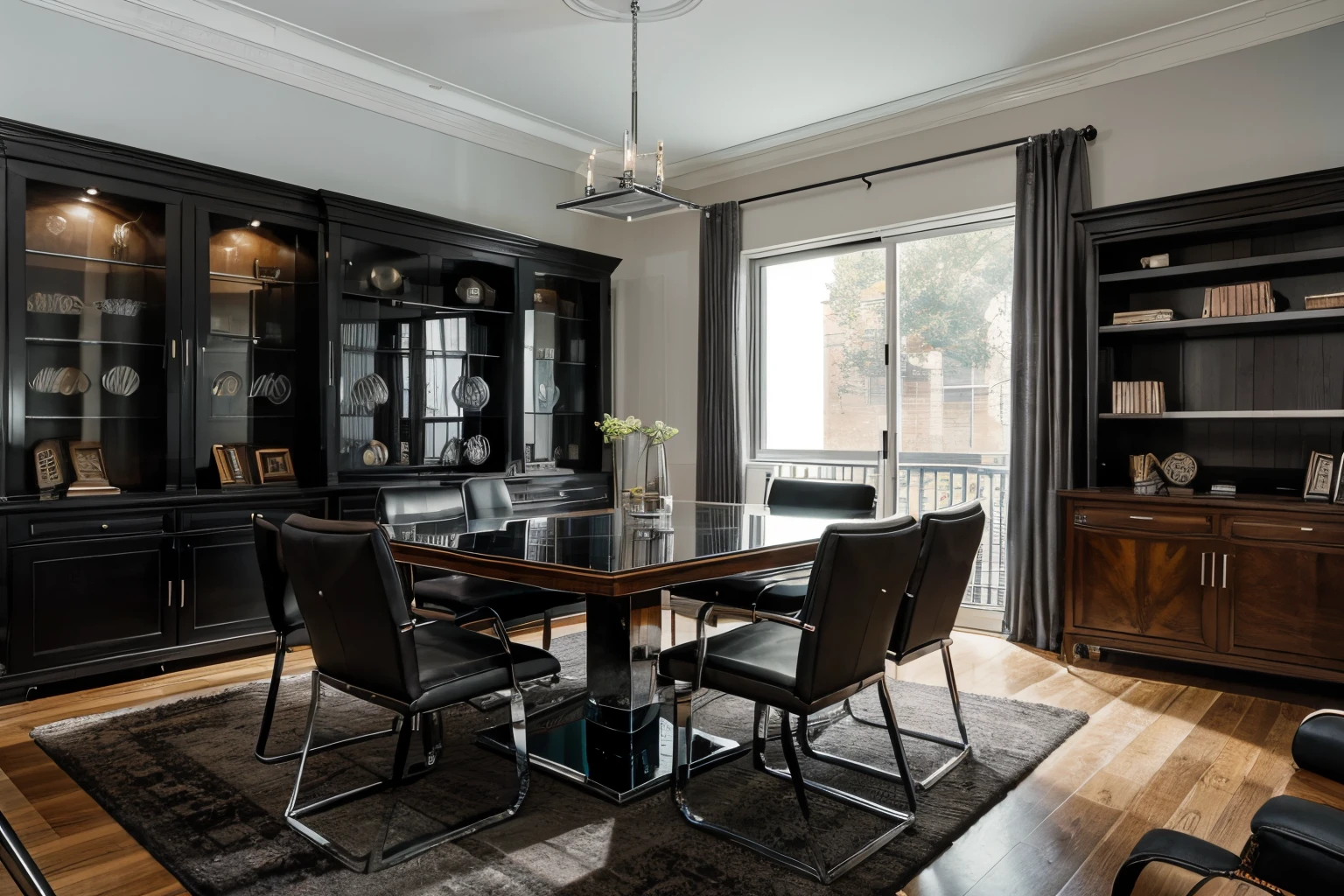 The morden bedoom design furniture, including armchairs upholstered in black and gray leather, tempered glass coffee tables with chrome bases, a solid wood meeting table with black leather chairs, and a built-in bookcase with brown leather bound legal books.