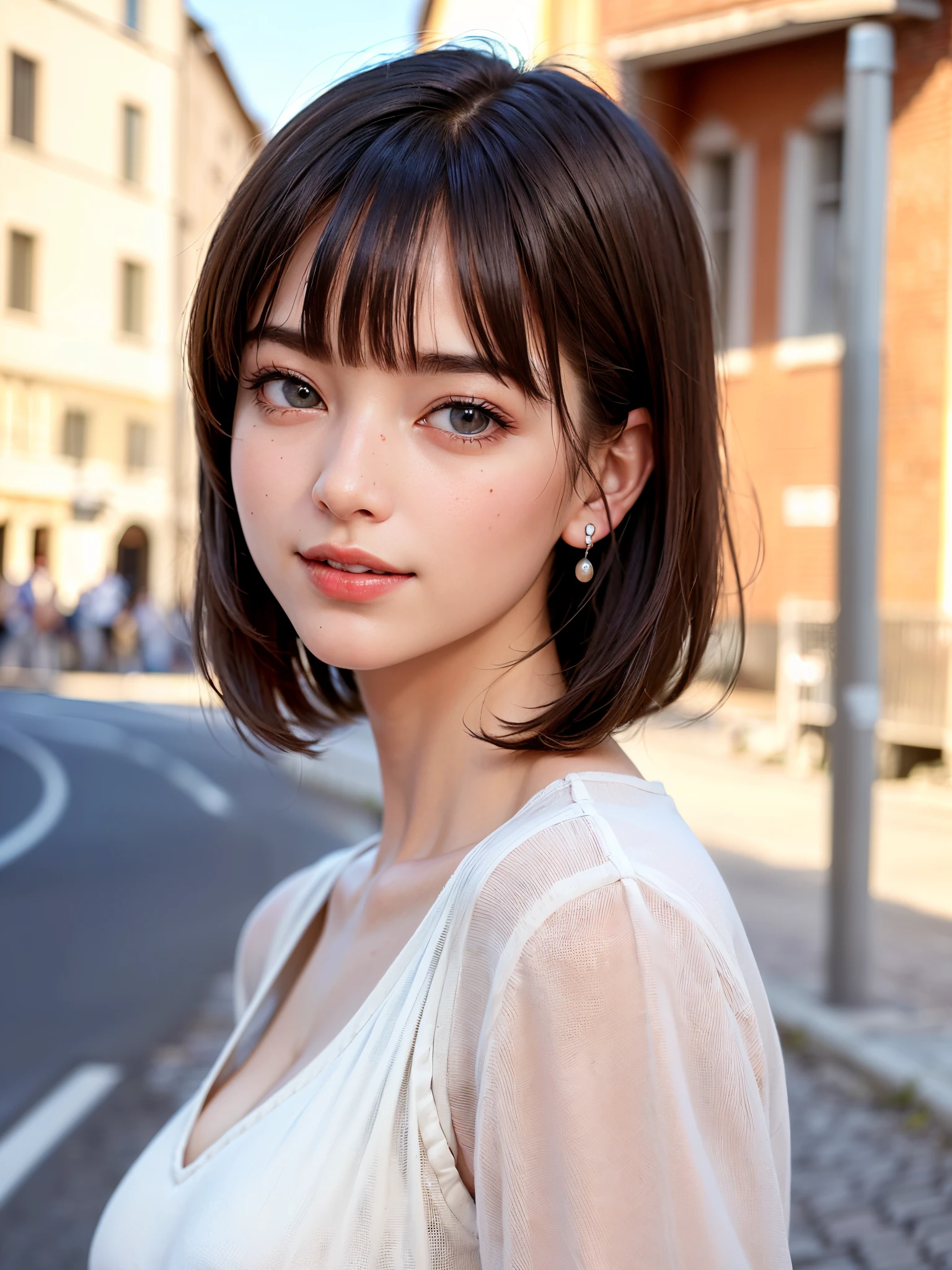(masutepiece, top-quality、The ultra -The high-definition、Very attractive adult beauty、Add intense highlights to the eyes、Look firmly at the camera:1.4、Absolutely beautiful bangs:1.4、Brunette short bob hair with bangs:1.4),1girl in, 独奏, A dark-haired, scarf, Hats,, realisitic, looking at the viewers, black eyes of light color, shorth hair, coat, Winter clothes, White headscarf, s lips, lipgloss，bangss, The upper part of the body、big eye、Lashes)、((Road system in Italy、Hyperreal Stick:1.4))、((Shorthair with bangs:1.4、Beautiful bangs with 46 points:1.4、{Gigantic|Big|Huge|Mega} breasts, cleavage、big eye、Put very strong highlights in your students、very Bigger breasts、gazing at viewer、Very beautiful beauty、Put your ears out、long neck、little smiling、Beautiful teeth、Open your mouth and smile))、28 year old、Very cute supermodel