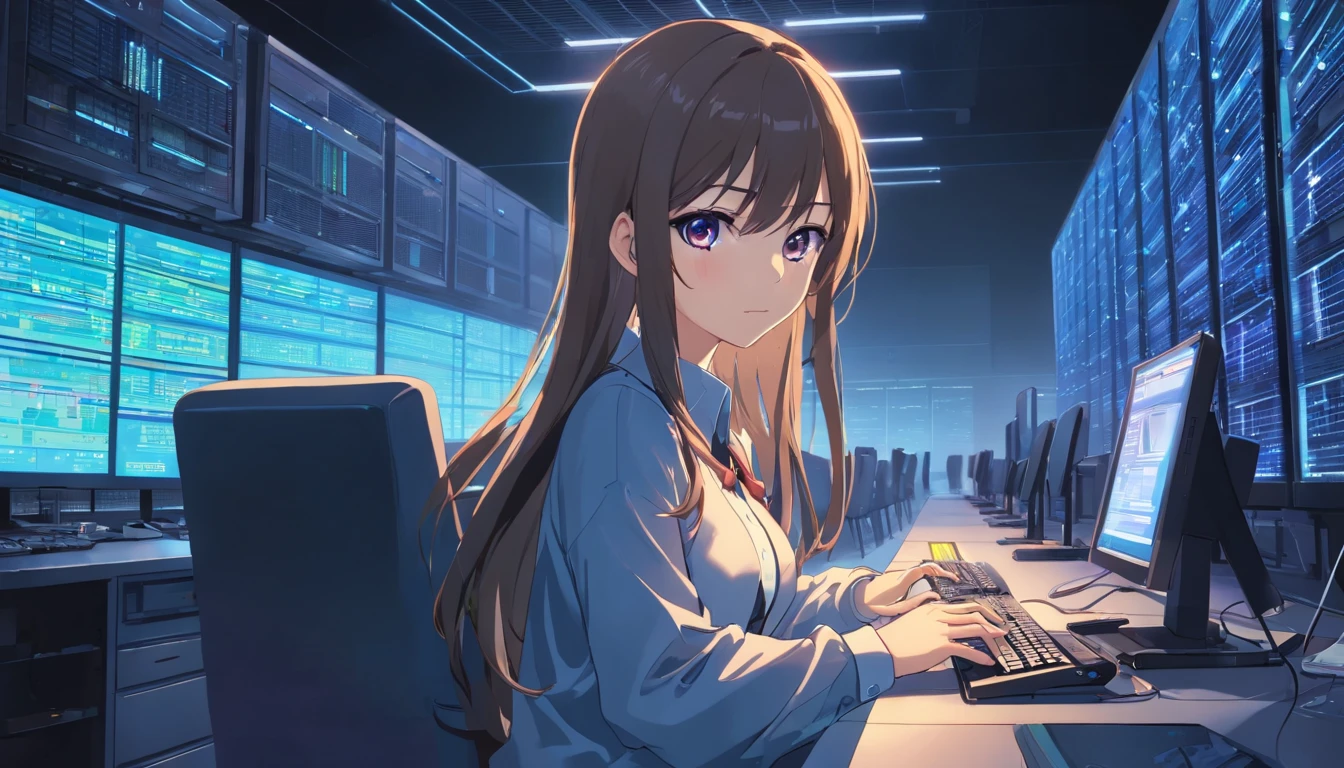 Upper body shot, Long shot, master peace, High-quality, (Wide-angle), Dark lighting, Large server room with a large number of servers and PCs and monitors, A hacker Female using a smartphone, (Perfect face, Detailed face, Detailed eyes, Perfect hands), sitting the chair, a lot of smartphones on the desk, Using a computer in a dark room and open the Linux operating system on the computer screen, write codes in the terminal in Linux, Cyber Security, shiny eyes, ((1girl in)), (maturefemale:1.4), Long hair, ((Gradient Hair)), multicolored eyes, Gradient Eyes, (Glowing eyes:1.1), White shirt, Long sleeves, Collared shirt, Blunt bangs, Leave past the wrist, dress shirts, Black cardigan, ((data center)), (Complex background, Many elements of the background:1.2), ((hyper detailed background)), Wide-angle