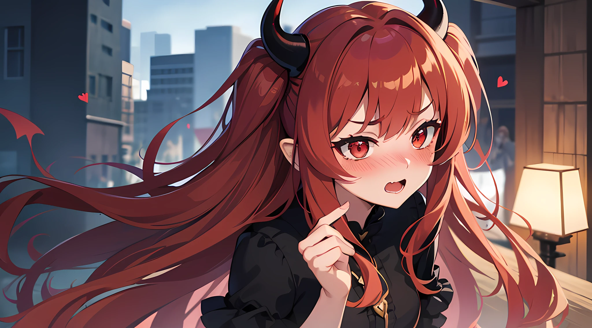 (1 demon girl), front lighting, demon horns, beautiful princess dress, detailed face, walking in the middle of park on daytime, red hair, black hairpins, (blushing: 1.5), open mouth, hand, licking finger, heart eyes, (half body:0.6), front lighting, 8k, masterpiece, ultra HD,