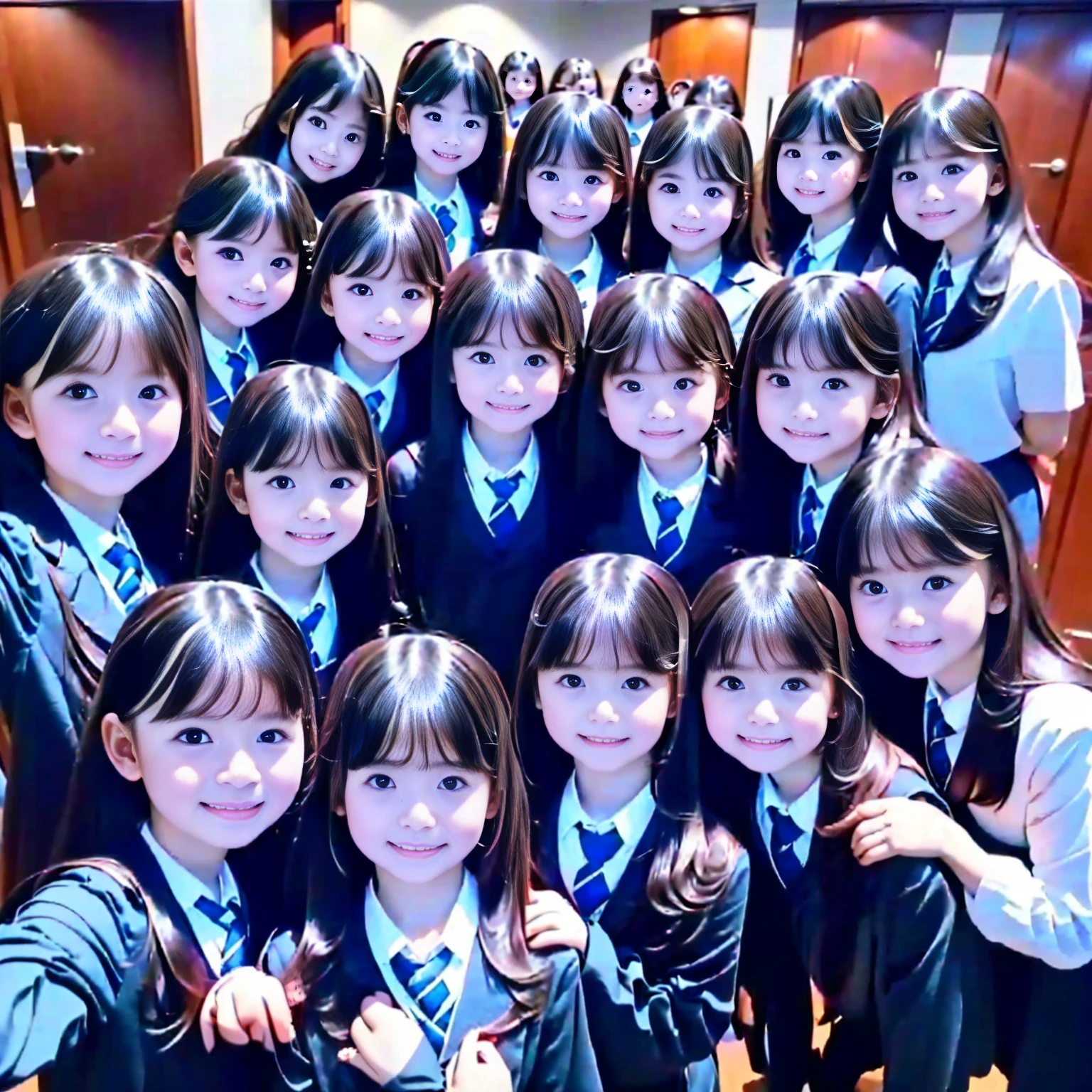 Raw photo、The same face、School Uniform、((6 *********))、(((multiple girls))),((((6+girls)))),((((100girls)))),(((1000girls)))、Women only、Long black hair、100 cute ****** girls、a smile、((a *********))、((In**** body type))、selfee、‎Classroom、(((Large group)))、******************