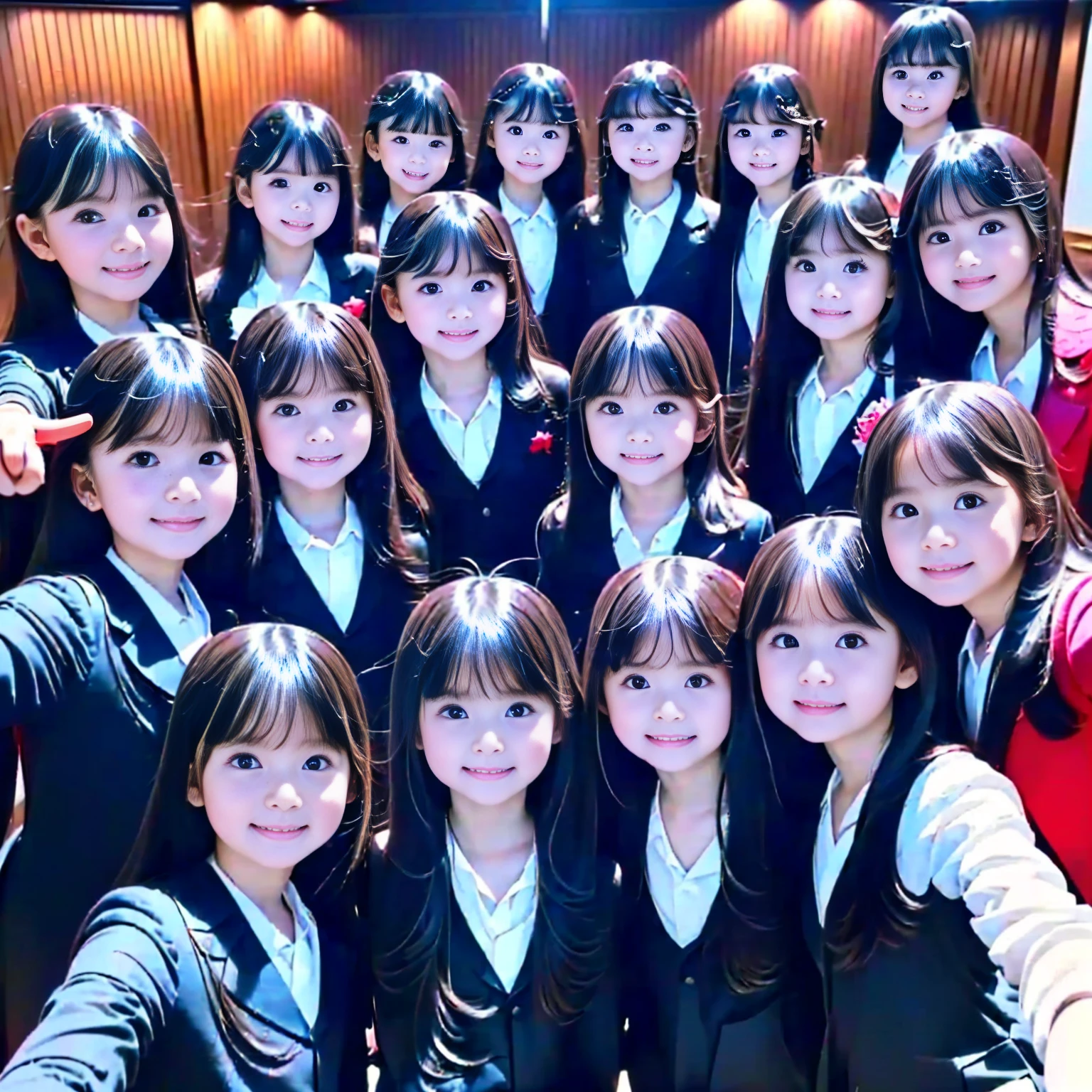 Raw photo、The same face、School Uniform、((6 *********))、(((multiple girls))),((((6+girls)))),((((100girls)))),(((1000girls)))、Women only、Long black hair、100 cute ****** girls、a smile、((a *********))、((In**** body type))、selfee、‎Classroom、(((Large group)))、******************