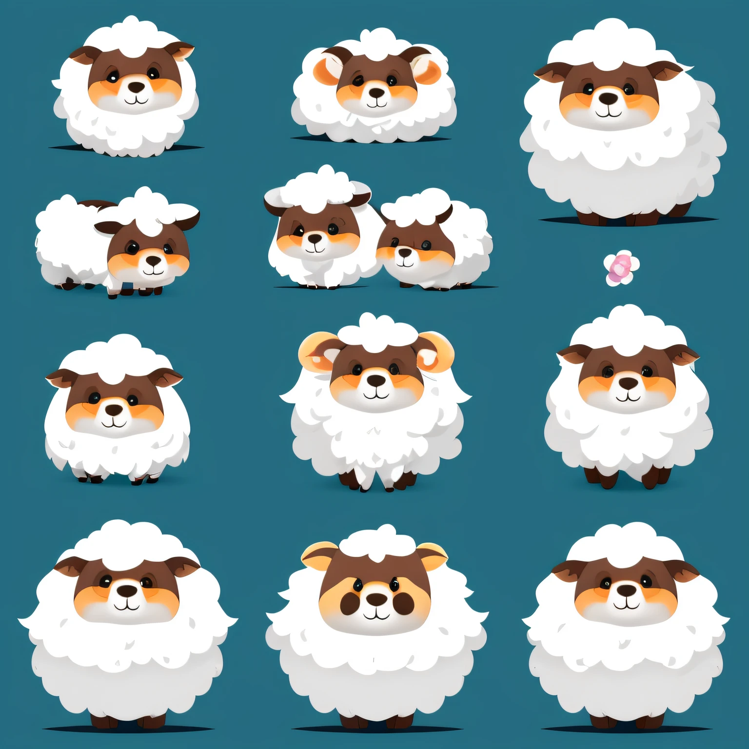 Close-ups of sheep with various expressions, Sheep, cartoonish vector style, Cute Animals, Animal Illustration, Sheep in a suit, with white fluffy fur,,, vector illustrations, cute artwork, puffies, Isometric 3D Fantasy Cute Dog, Cute digital art, fleece, cute face, Cute illustration, lots of fur, Ram sheep robot background is simple white