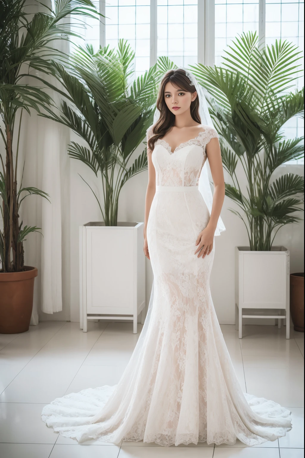 Top quality, Masterpiece, hyper HD, (Photorealistic: 1.4), RAW photo, 1girl,solo,Fashion model,Wearing a white mermaid wedding dress, v-neck dress style, Lace material, long tail, full body, in white room with indoor decorative palm tree,Stand upright and look straight.