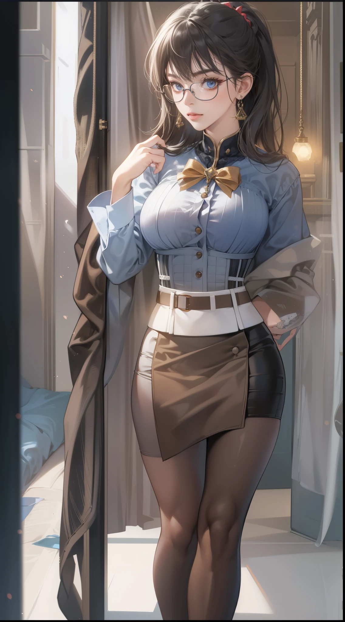 8K, masutepiece, Raw photo, Best Quality, Photorealistic, Highly detailed CG Unity 8k wallpaper, depth of fields, Cinematic Light, Lens Flare, Ray tracing, (Extremely beautiful face, Beautiful lips, Beautiful eyes), intricate detail face, ((Ultra detailed skin)) 1girl in, In the Dark, deepshadow, , (Very slim and slender fit muscular body:1.3), ((Looking at Viewer)),), (Blurred background),(No people in the background:1.3), Beautiful earrings, Bracelets, Clear eyes, Walking, (pale skin), (Big eyes), Face forward, (Golden bristles), (Full body shot), , ((navy high waist skirt)), , (Looking at Viewer:1.3) opened breast, Very slim, medium breasts, ass forcus, Before the eyebrows, thick thighs((whiteshirt:1.3)), (double-breasted,Underbust:1.2), Short sleeves, buttonGap,Frameless glasses,Corset Belt,Beautiful ponytail,