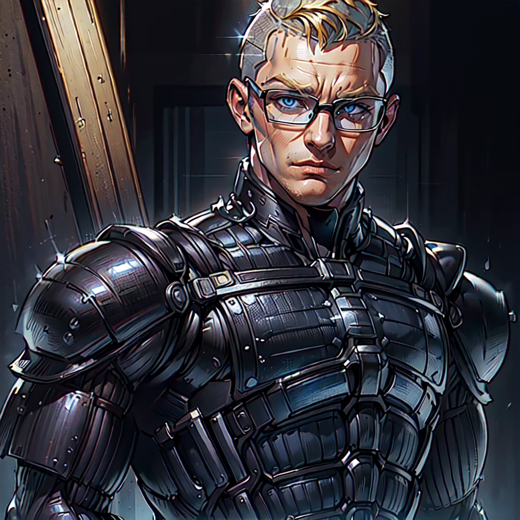 (billykane , male), dynamic pose, ((close-up)), ((Black matte armor, )), (masterpiece, best quality), dslr,, ((buzz cut)), blond hair), blue Eyes, High resolution, Ultra-pointu, 16k, Masterpiece, three sided view, wearing intellectual glasses,