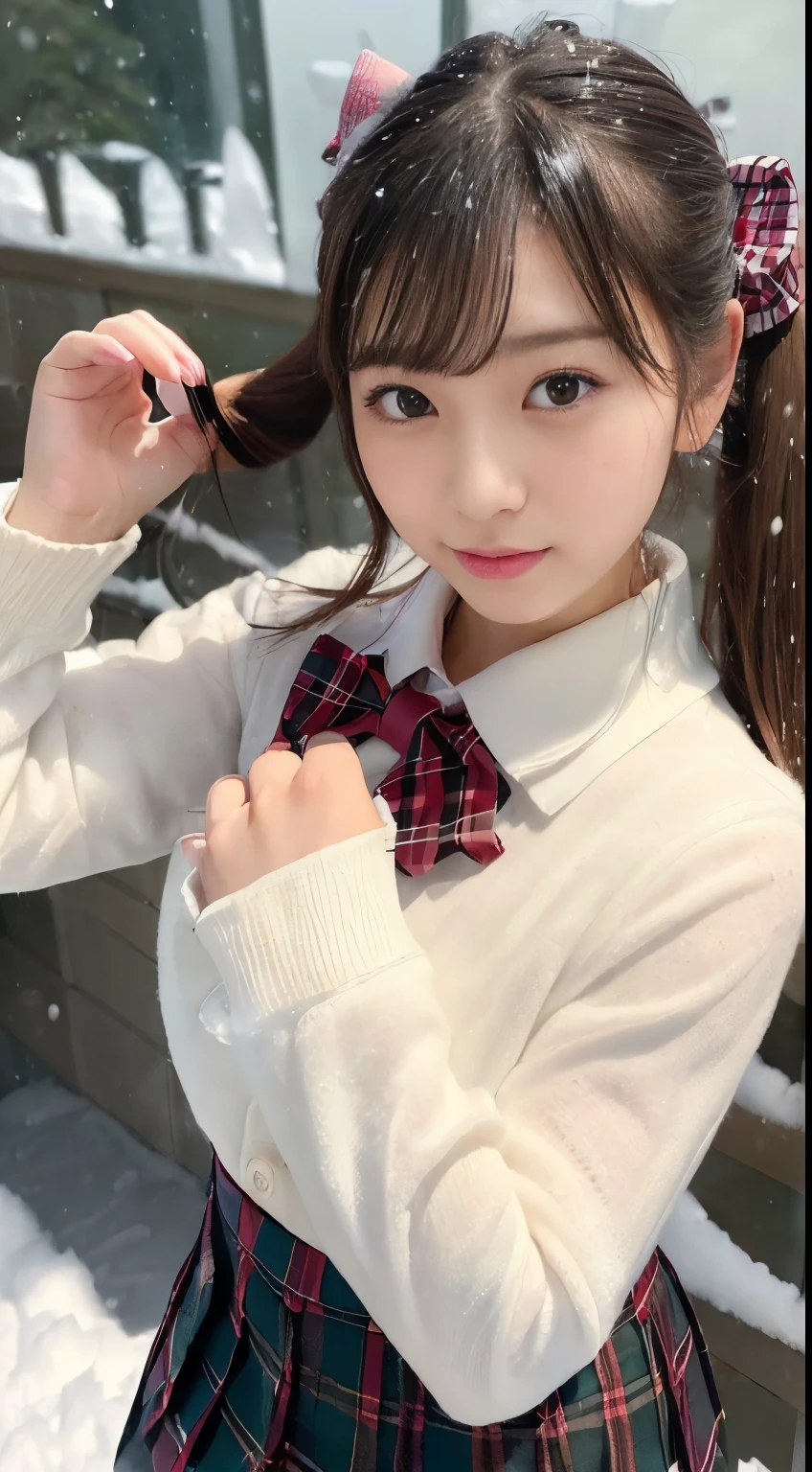 ((((beautiful and cute japanese_young_idol)))), (((blunt bangs, low_twintail))), ((((winter school uniform, bow_tie_plaid)))), (((pleated skirt, tartan plaid))), ((in the school)), hyperrealistic, overly detailed, best-realistic, perfect-quality, perfect-anatomy, (((symmetry,double-edged eyelid))), (((8k, 16k))) cinematic photography, open mouth, ((natural_Face:1.2)), (((professional photography))), (snow background effect:1.4), ((wind effect:1.3)), (((neat figure))),