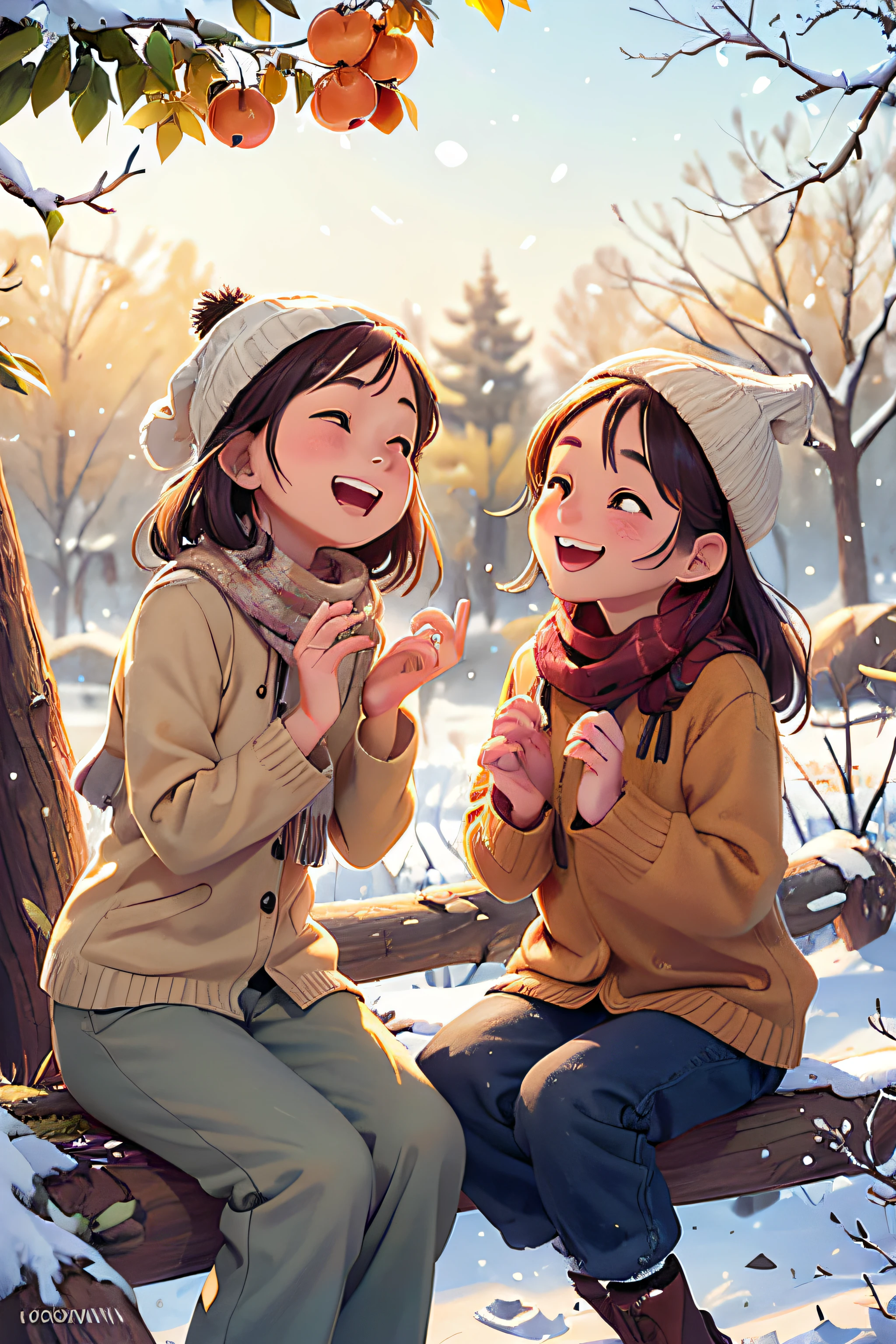 (Photorealistic:1.37),Sitting under the persimmon tree with friends,Sitting on the old tree trunk,Open your mouth and laugh,closeup of face,Wear long-sleeved trousers,Wearing a scarf and woolen hat,Snowflakes on the trees,Persimmons in hand,((Season winter)),,light wind,(It was snowing heavily:1.0),,snow landscape,Vibrant sunshine,joyful expressions,Bonds of friendship,relaxing atmosphere,serene environment,Lively conversation,A satisfied smile,laughter echoes,Moments of happiness,There is a persimmon tree next to it ,(The trees are covered with persimmons),happiness sharing,Cheerful ambiance,Fun interaction,pleasant smell,lindo cenario,harmonious connection,Beauty,lighthearted conversation,warm sunlight,,Quiet environment,dance reflection,,,gentle ripples,Tranquility in the air,Memories full of laughter,winter happiness,snowfield,There was heavy snow in the sky,