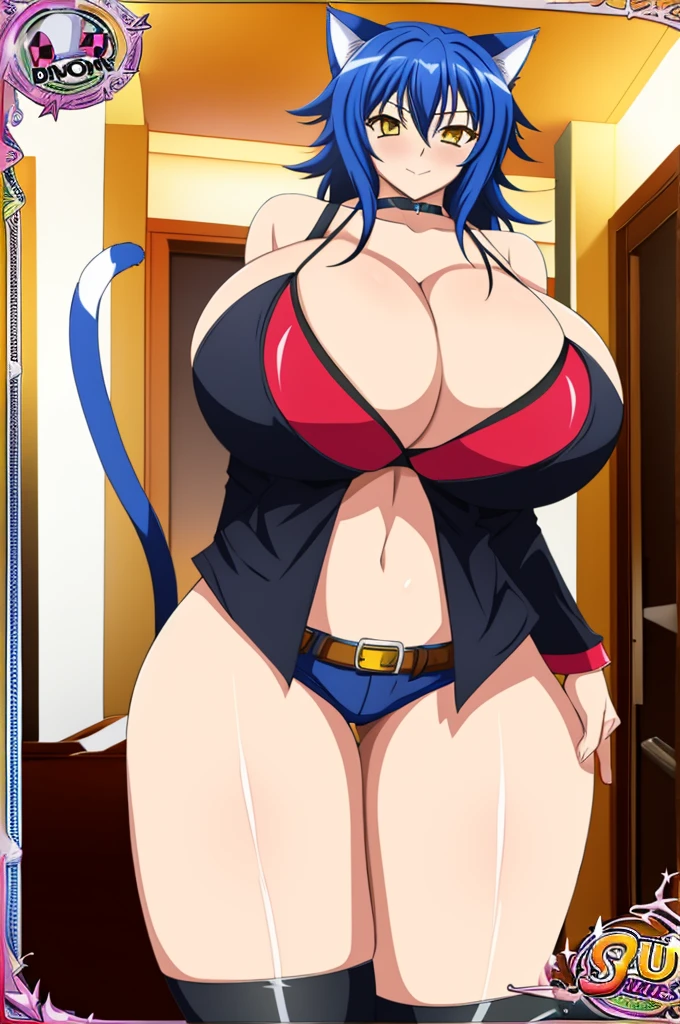 masterpiece, best quality, extreme detail, digital painting, absurdres, volumetric lighting, 1girl, solo,(gigantic breasts), massive breasts,short shorts,thighhighs,long hair,thick thighs,wide hips,standing,choker,heavy blush,shortstacks, fang, tall female, big boobs, tall, huge breasts, dxd style, bikini, best quality, gigantic breasts, dxd style, a cartoon lady in bikin bra and cat ears with question marks, 1girl, breasts, ?, tail, solo, animal ears, cat tail, navel, yellow eyes, cat ears, short hair, hair between eyes, collarbone, thigh gap, bare shoulders, arms behind back, black background, shorts, cat girl, cowboy shot, blush, looking at viewer, cleavage, blue hair, best quality,1girl, solo, long_hair, breasts, blush, large_breasts, ribbon, gigantic breasts, dxd style