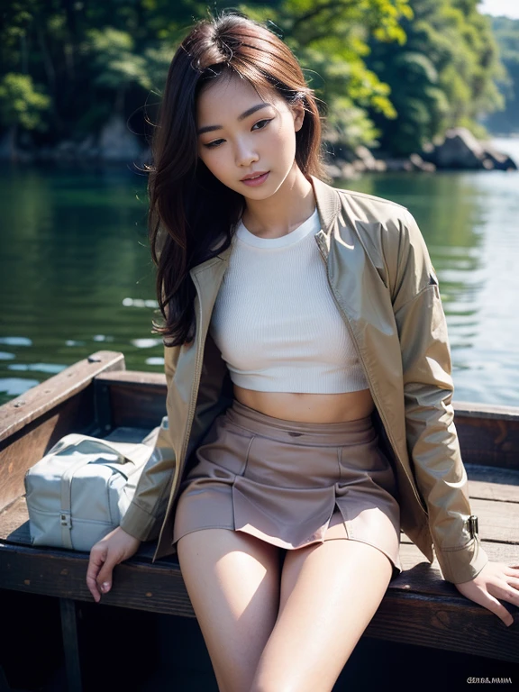 ((top-quality、in 8K、​masterpiece:1.3、Raw photo))、Super high quality photos, ((Aerial Photography)), On a small boat sailing through a tropical jungle, ((Wearing a business suit with jacket and skirt)), ((Beautiful Japanese woman sitting on a boat)),((Wear a white blouse shirt under the jacket)), ((Perfect beauty 20 year old idol Japan woman)), ((a smile)), ((Eyes closed)), ((Mouth open)), ((protruding nipples under the shirt,,)), ((slim figure)), ((Slim legs)), ((slim thigh)), (Photorealistic: 1.4), (Ultra-high detail), (hyper realisitic: 1.4), (Realistic: 1.3), (Smooth lighting: 1.05), Full body, 1girl in, Solo, (Japanese actressl),　20yr old, cinematlic lighting, ((Leaner figure)), Good anatomy, Correct anatomy, On a small boat sailing through a tropical jungle, ((Perfect beauty 20 year old idol Japan woman)), ((Slim legs)), ((slim thigh)), ,((Perfect beauty)), ((He has a small camping bag in one hand.)), ((Panties are visible through the skirt)), ((a smile)), ((Eyes closed)), ((camel's toe)), ((Wearing a business suit with jacket and skirt)), ((Hands on the crotch)). ((Aerial Photography)), (((Mouth open))), ((Wearing a skirt)), ((camel's toe)),