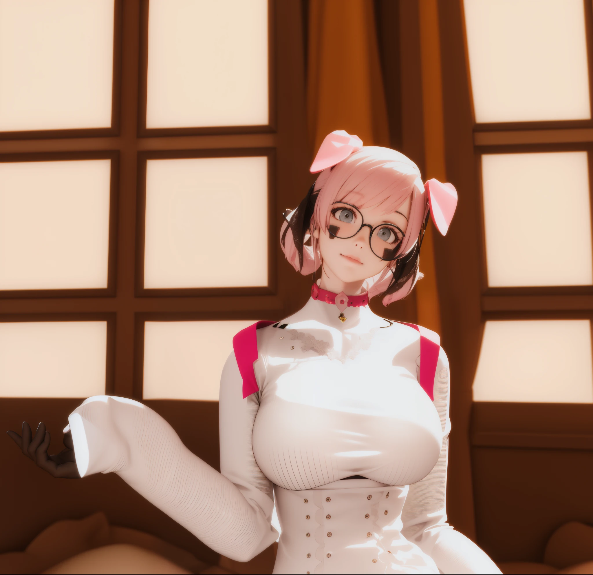 there is a woman in a white dress with pink hair, pink twintail hair and cyan eyes, holding a pudica pose, twintails white_gloves, rin, pudica pose, dressed like a cleric, 8k octae render photo, hints of yayoi kasuma, ( ( 3 d render ) ), 2b, 2 b