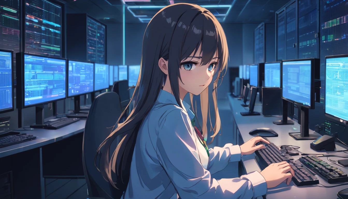 Upper body shot, Long shot, master peace, High-quality, (Wide-angle), Dark lighting, Large server room with a large number of servers and PCs and monitors, A hacker Female using a smartphone, (Perfect face, Detailed face, Detailed eyes, Perfect hands), many colleague, a lot of smartphones on the desk, Using a computer in a dark room and open the Linux operating system on the computer screen, write codes in the terminal in Linux, Cyber Security, shiny eyes, ((1girl in)), (maturefemale:1.4), Long hair, ((Gradient Hair)), multicolored eyes, Gradient Eyes, (Glowing eyes:1.1), White shirt, Long sleeves, Collared shirt, Blunt bangs, Leave past the wrist, dress shirts, Black cardigan, ((data center)), (Complex background, Many elements of the background:1.2), ((hyper detailed background)), Wide-angle