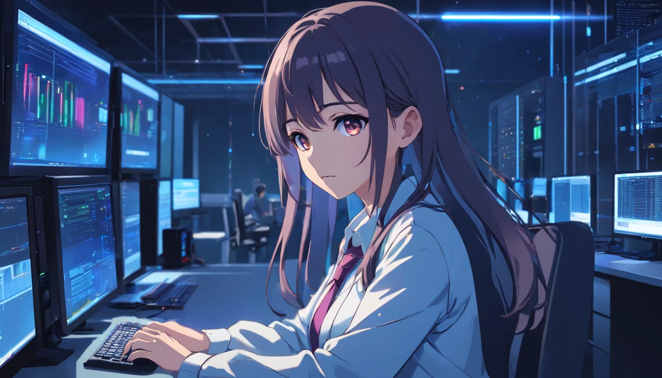 Upper body shot, Long shot, master peace, High-quality, (Wide-angle), Dark lighting, Large server room with a large number of servers and PCs and monitors, A hacker Female using a smartphone, (Perfect face, Detailed face, Detailed eyes, Perfect hands), many colleague, a lot of smartphones on the desk, Using a computer in a dark room and open the Linux operating system on the computer screen, write codes in the terminal in Linux, Cyber Security, shiny eyes, ((1girl in)), (maturefemale:1.4), Long hair, ((Gradient Hair)), multicolored eyes, Gradient Eyes, (Glowing eyes:1.1), White shirt, Long sleeves, Collared shirt, Blunt bangs, Leave past the wrist, dress shirts, Black cardigan, ((data center)), (Complex background, Many elements of the background:1.2), ((hyper detailed background)), Wide-angle