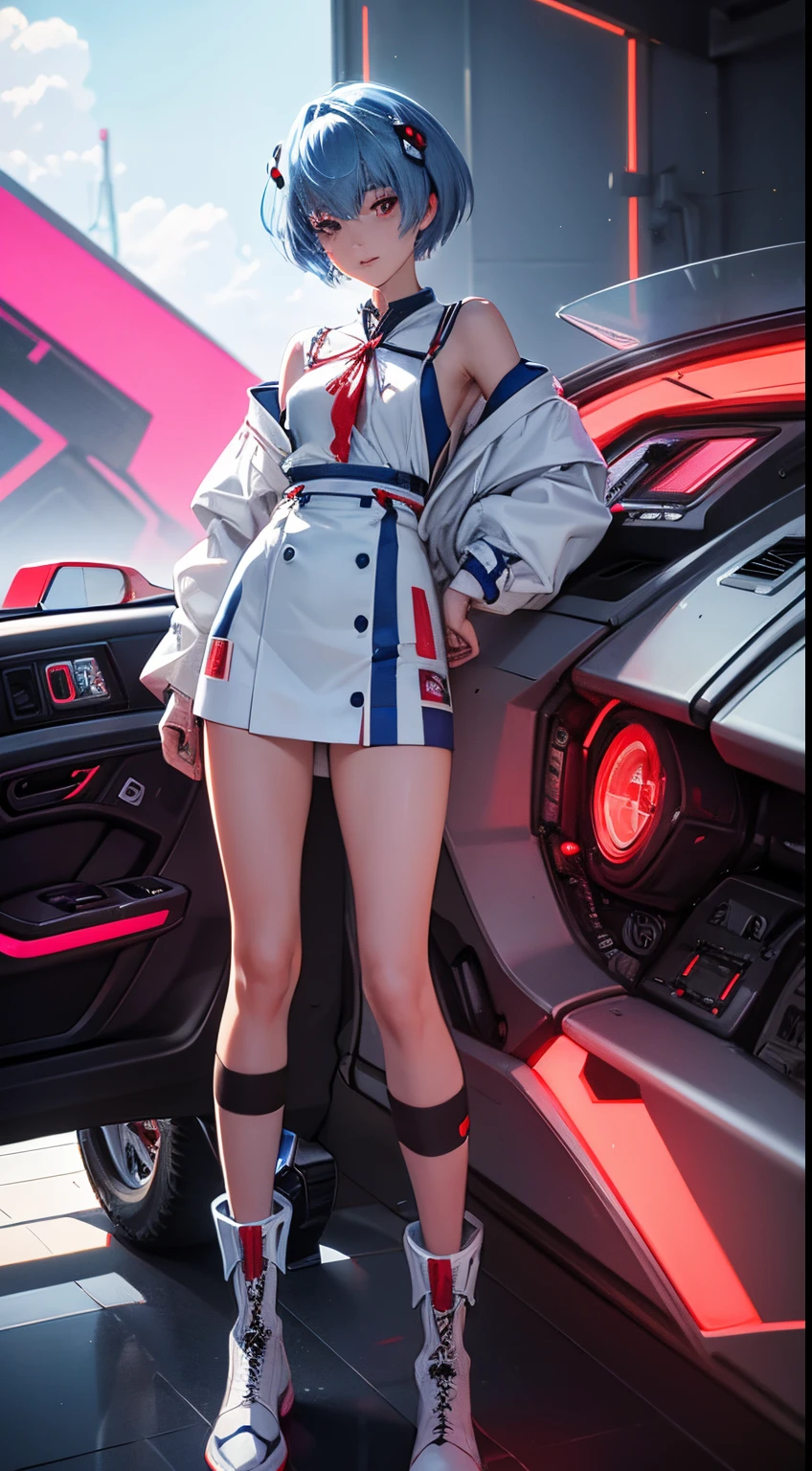 Evangelion Cockpit,Masterpiece portrait of a smiling Rei Ayanami (Evangelion), Evangelion (Hideaki), Caustics, High resolution illustration,14years, Red Eyes, Feminine, no pupils, Blue hair, Short hair, Very small breasts,Japan school uniform, lowfers, swpunk, Synth Wave, Paint splatters, shaded flat illustration, Digital Art, Trending on ArtStation, Highly detailed, Fine detail, Convoluted, Splatter, Outrun, Vaporware, neon color,undergarment,boots