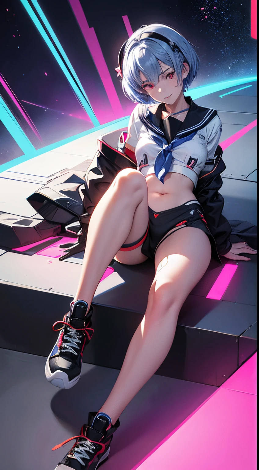 Evangelion Cockpit,Masterpiece portrait of a smiling Rei Ayanami (Evangelion), Evangelion (Hideaki), Caustics, High resolution illustration,years, Red Eyes, Feminine, no pupils, Blue hair, Short hair, Very small breasts,Japan school uniform, lowfers, swpunk, Synth Wave, Paint splatters, shaded flat illustration, Digital Art, Trending on ArtStation, Highly detailed, Fine detail, Convoluted, Splatter, Outrun, Vaporware, neon color,undergarment,boots