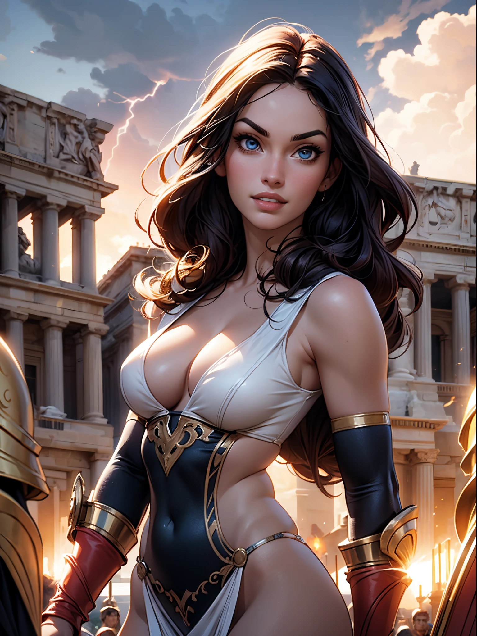 (​masterpiece), (top-quality), sunset, natural lights, ,(realistic:1.5), Megan Fox as a Stunningly beautiful roman centurion, curvaceous, medieval fantasy, long hair, black_hair, wearing an ancient rome centurion uniform, legionary armour, ancient rome, cleavage, sexy, sensual, dark blue eyes, smiling, sexy pose, athletic, looking at viewer, eye contact, stunningly beautiful 20 years old woman, sunny day, detailed ancient rome battlefield in background, background, foreground, legionary_crowd, fantasy, dynamic pose, action pose,alluring, seductive_pose, natural lights, cleavage, athletic body, medium breasts, upper body, mid shot, masterpiece, detailed, mature, bright colors, high saturation, stunningly beautiful girl, precise hands, seductive smile, happy, love, Clear eyes, Shining eyes,, ultra-definition, Top resolution, soft lightning