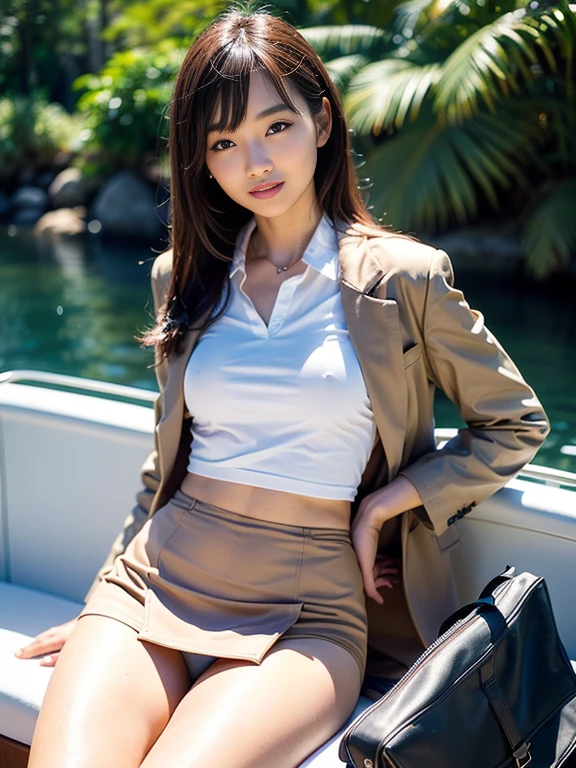 ((top-quality、in 8K、​masterpiece:1.3、Raw photo))、Super high quality photos, ((Aerial Photography)), On a small boat sailing through a tropical jungle, ((Wearing a business suit with jacket and skirt)), ((Beautiful Japanese woman sitting on a boat)),((Wear a white blouse shirt under the jacket)), ((Perfect beauty 20 year old idol Japan woman)), ((a smile)), ((Mouth open)), ((protruding nipples under the shirt,,)), ((slim figure)), ((Slim legs)), ((slim thigh)), (Photorealistic: 1.4), (Ultra-high detail), (hyper realisitic: 1.4), (Realistic: 1.3), (Smooth lighting: 1.05), Full body, 1girl in, Solo, (Japanese actressl),　20yr old, cinematlic lighting, ((Leaner figure)), Good anatomy, Correct anatomy, On a small boat sailing through a tropical jungle, ((Perfect beauty 20 year old idol Japan woman)), ((Slim legs)), ((slim thigh)), ,((Perfect beauty)), ((He has a small camping bag in one hand.)), ((Panties are visible through the skirt)), ((a smile)), ((camel's toe)), ((Wearing a business suit with jacket and skirt)), ((Hands on the crotch)). ((Aerial Photography)), (((Mouth open))), ((Wearing a skirt)), ((camel's toe)),