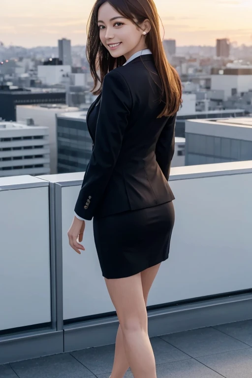 masutepiece, Best Quality, hight resolution,Detailed face,1girl in, Japanese,large full breasts,Smile,(Simple business suit,Jacket,pencil skirts:1.1),high-heels,tokyo prefecture, On the rooftop, Overlooking, bustling city, urban jungle, Skyscrapers, a panoramic view, Sunset, sky line,Windy,(:1.5),Office,Open mouth,from the rear,Spread legs,Windy,Wide eyes with accurate depiction,Distinct eyes,