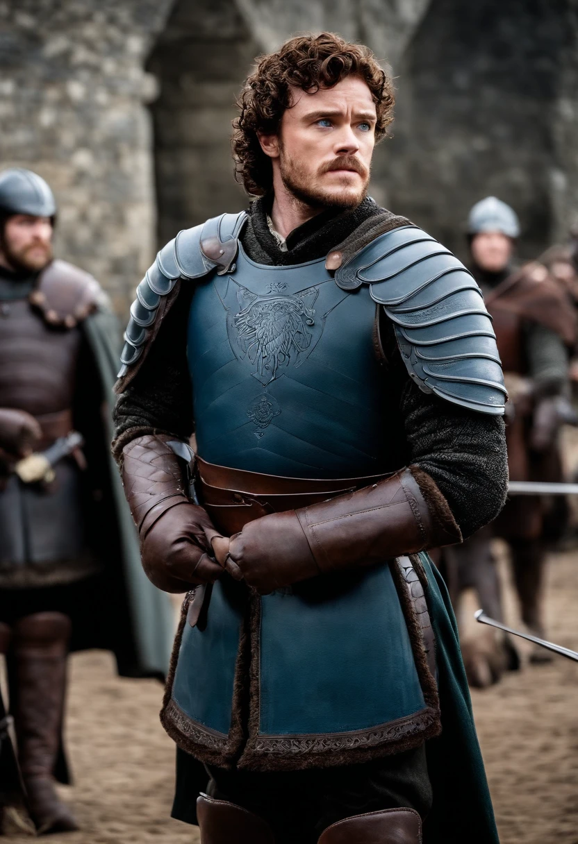 A photo of Robb leading a training session for the men in the courtyard of Winterfell.,Game of Thrones TV series,Robb Stark has curly auburn hair, blue eyes, and a neat beard. Famously portrayed by Richard Madden, male