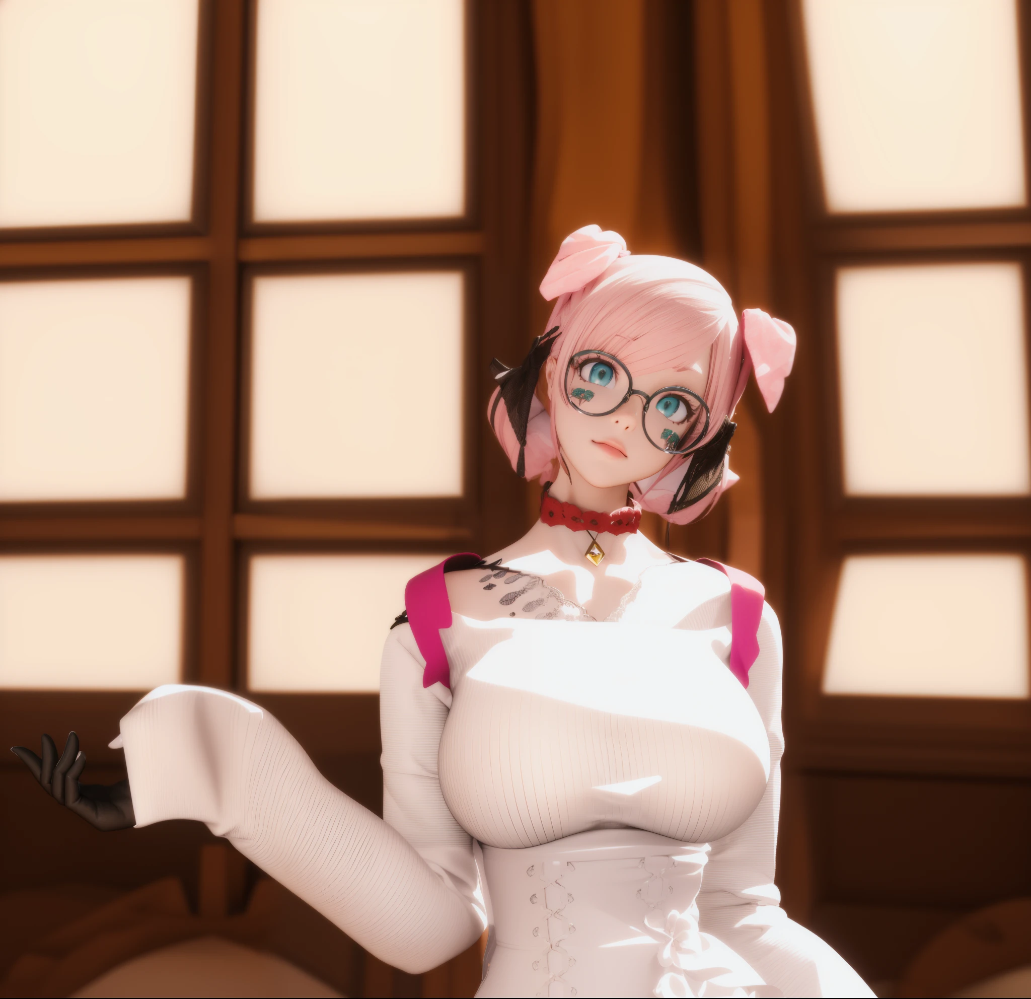 there is a woman in a white dress with pink hair, pink twintail hair and cyan eyes, holding a pudica pose, twintails white_gloves, rin, pudica pose, dressed like a cleric, 8k octae render photo, hints of yayoi kasuma, ( ( 3 d render ) ), 2b, 2 b