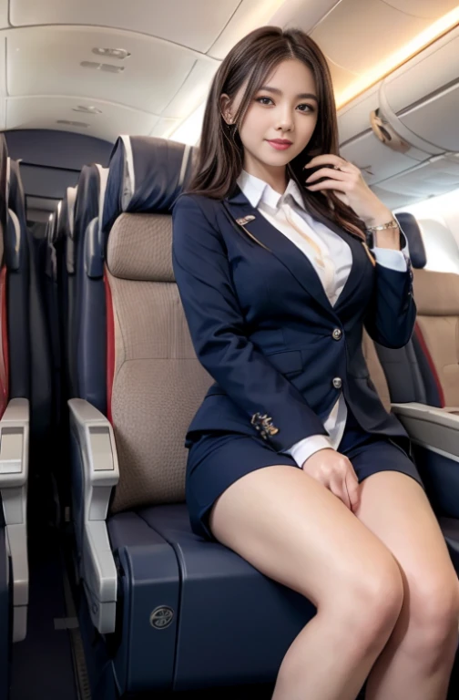 1 female、(1 male)、(super beautiful)、(beautiful face:1.5)、(1 Japanese stewardess and 1 handsome pilot.:1.6)、(spread her legs:1.1)、(show panties:1.1)、(white panties:1.1)、(cabin attendant uniform)、(tailored jacket)、(Plain navy blue miniskirt)、(Light brown wavy hair)、high heels、(dark makeup)、(airplane cockpit)