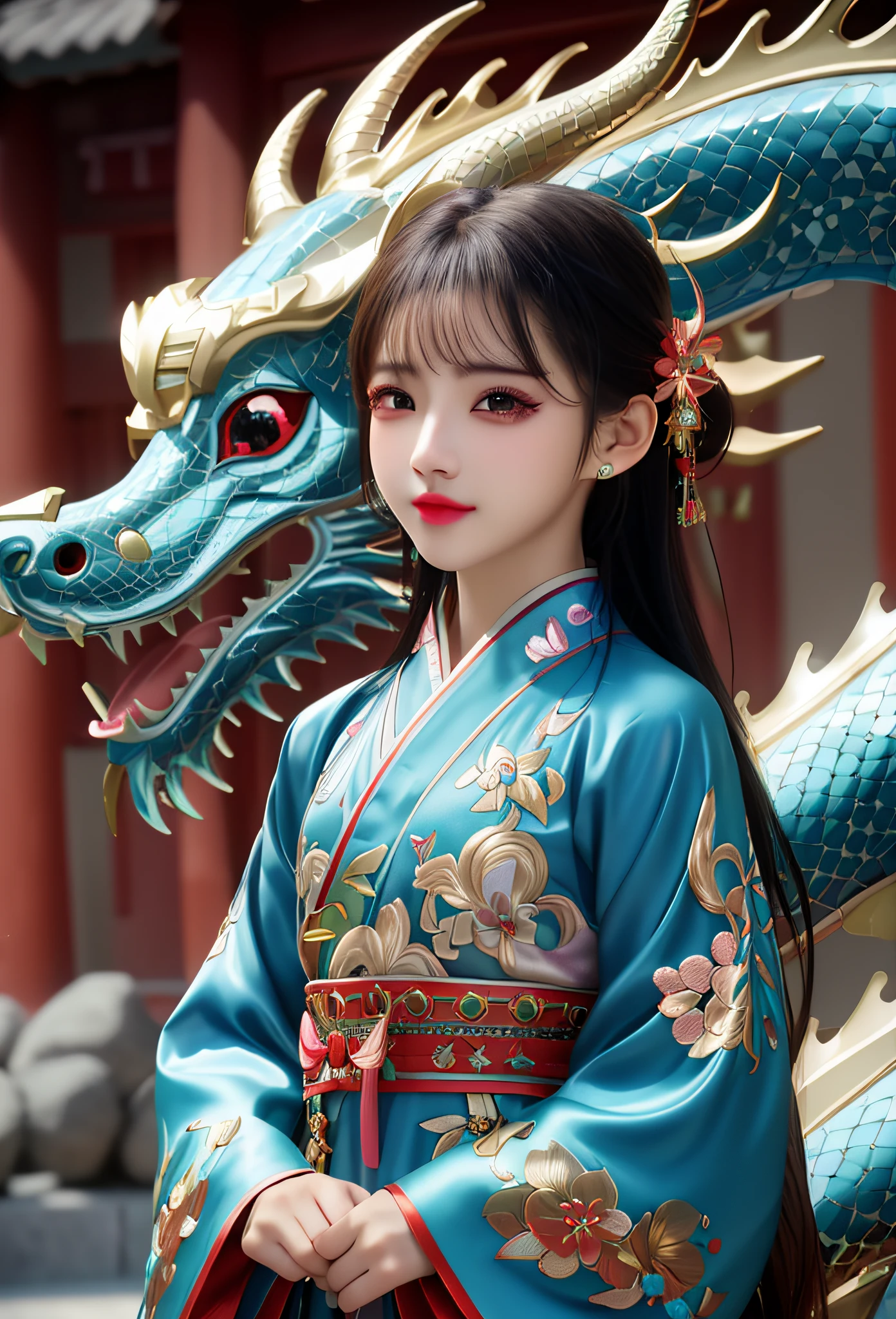 A masterpiece, of the best quality, realistic, realistic, this painting depicts a woman standing next to a dragon. The whole painting uses a cute and realistic portrait (styled kawaii realistic portrait) with dark blue eyes. Long hair fluttering and cute (cute:2). The whole painting shows excellent photorreal details, light and shadow tracing, rich details, close-up of a woman in kimono with a dragon, cyan Chinese dragon, dragon girl portrait, dragon inspired cloth robe, Chinese girl, flowing black long hair, dragon girl, dragon in background, black dragon, hanging ornaments, Chinese fantasy