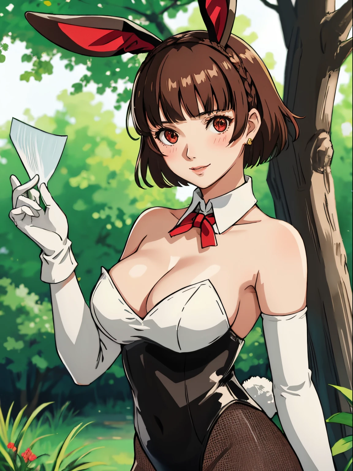 makoto nijima, blunt bangs, braid, brown hair, crown braid, (red eyes:1.3), short hair,, 1girl, solo, breasts, looking at viewer, blush, large breasts, nature, pond, trees, park, long white elbow satin gloves, holding, animal ears, cleavage, bare shoulders, jewelry, very long hair, gentle smile, pantyhose, earrings, rabbit ears, green leotard, fake animal ears, playboy bunny, long white gloves