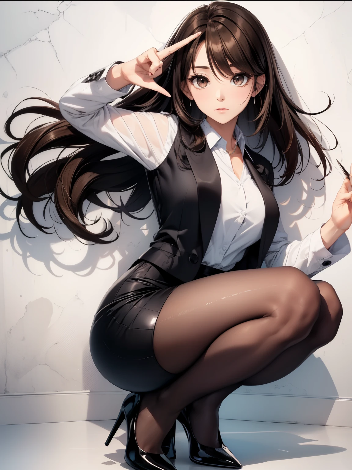 Best Quality, masutepiece, beautiful mature women、Beautiful face、Strong-minded woman、Officelady、brown haired、(Brown-eyed)、Longhaire、Undersized eyes、(((Black Pencil Skirt)))、magazine style、subject,FULL BODYSHOT、Female OL、BREAK(Office Clothes、Black Blazer、White cutter shirt、Black Long Pencil Skirt、with slit、Black tights、high-heels)BREAK((piece sign、White wall background:1.5))、✌️✌️✌️✌️✌️✌️✌️✌️✌️✌️✌️