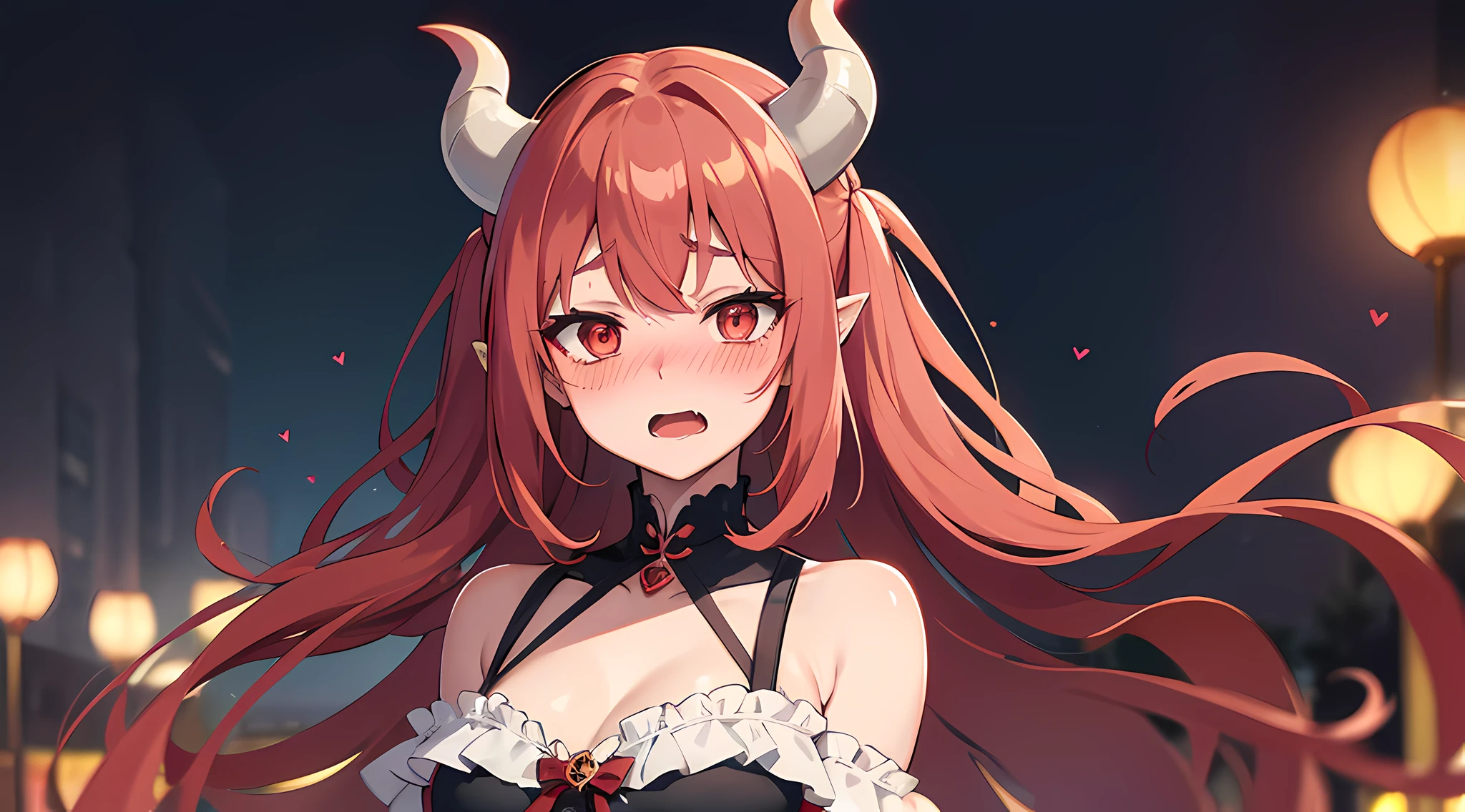 (1 demon girl), front lighting, demon horns, beautiful princess dress, detailed face, walking in the middle 19th century tokyo, red hair, black hairpins, (blushing: 1.5), open mouth, hand, licking finger, heart eyes, (half body:0.6), front lighting, 8k, masterpiece, ultra HD,